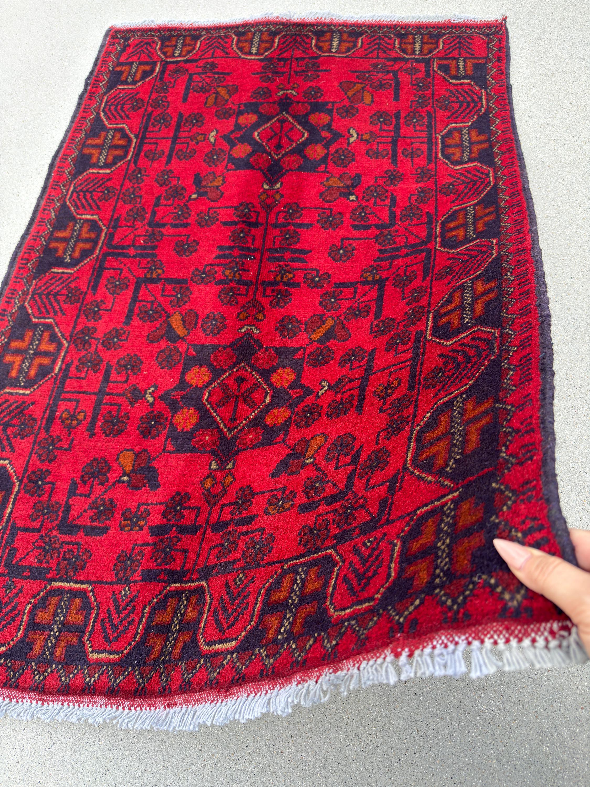 3x4 (91x121) Handmade Afghan Baluch Rug | Crimson Scarlet Blood Red Midnight Blue Orange Cream White | Wool Khal Mohammadi Floral