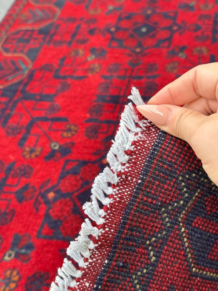 3x4 (91x121) Handmade Afghan Rug | Crimson Scarlet Blood Red Midnight Denim Aqua Blue Orange Cream | Wool Khal Mohammadi Floral