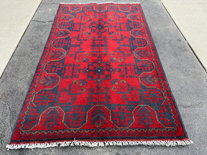 3x4 (91x121) Handmade Afghan Rug | Crimson Scarlet Blood Red Midnight Denim Aqua Blue Orange Cream | Wool Khal Mohammadi Floral