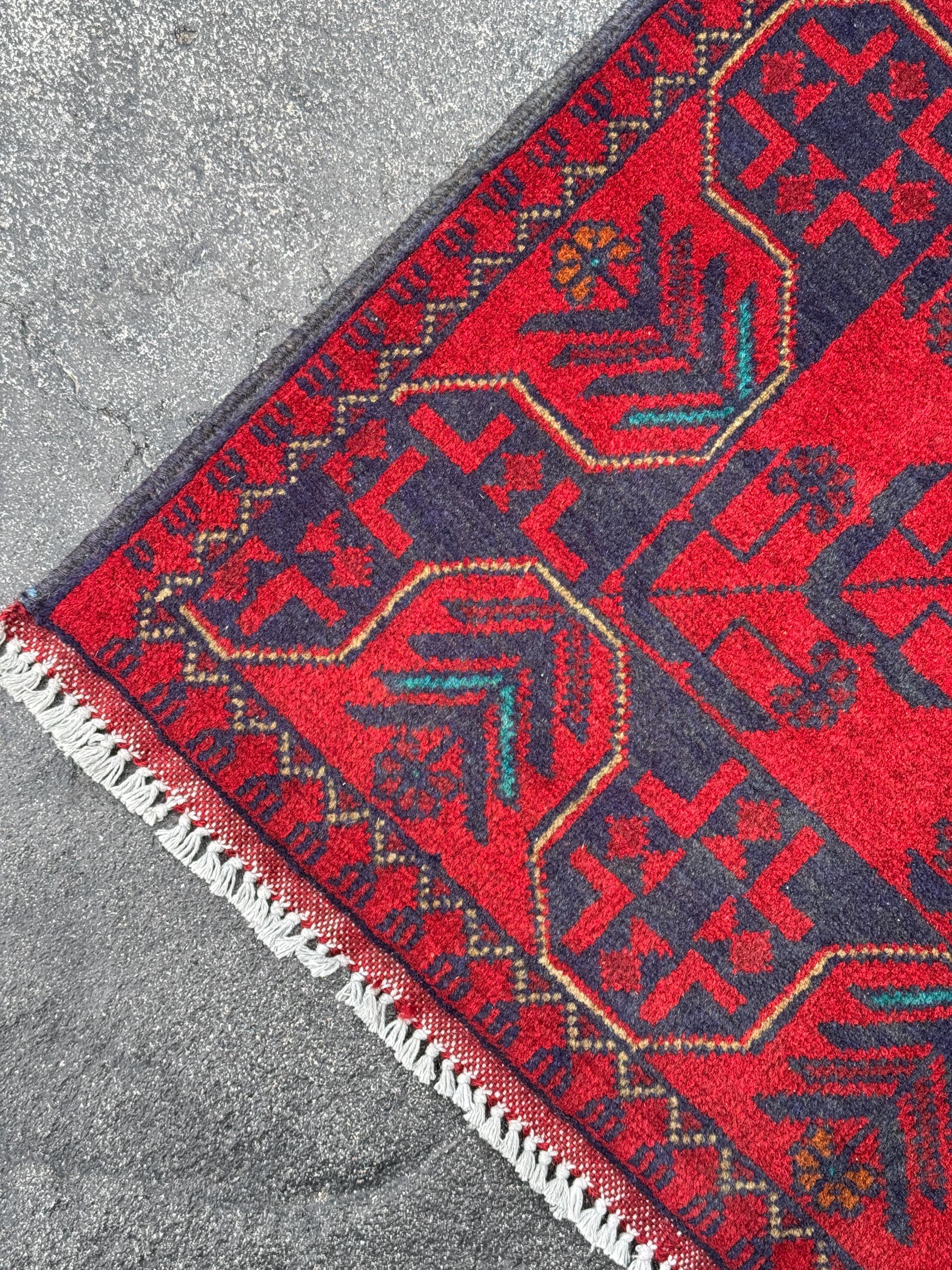 3x4 (91x121) Handmade Afghan Rug | Crimson Scarlet Blood Red Midnight Denim Aqua Blue Orange Cream | Wool Khal Mohammadi Floral
