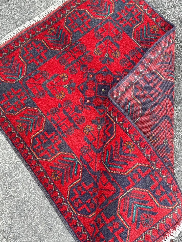 3x4 (91x121) Handmade Afghan Rug | Crimson Scarlet Blood Red Midnight Denim Aqua Blue Orange Cream | Wool Khal Mohammadi Floral