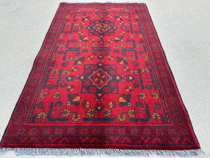 2-3x4 (91x121) Handmade Afghan Rug | Crimson Scarlet Blood Red Midnight Blue Black Cream Orange | Wool Khal Mohammadi Traditional