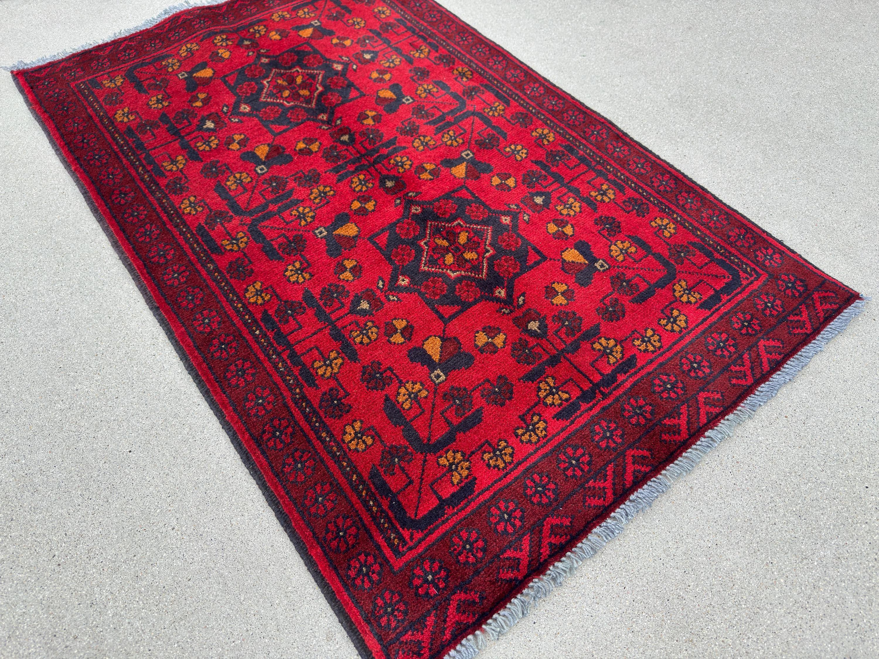 2-3x4 (91x121) Handmade Afghan Rug | Crimson Scarlet Blood Red Midnight Blue Black Cream Orange | Wool Khal Mohammadi Traditional