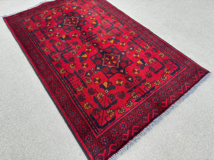 2-3x4 (91x121) Handmade Afghan Rug | Crimson Scarlet Blood Red Midnight Blue Black Cream Orange | Wool Khal Mohammadi Traditional