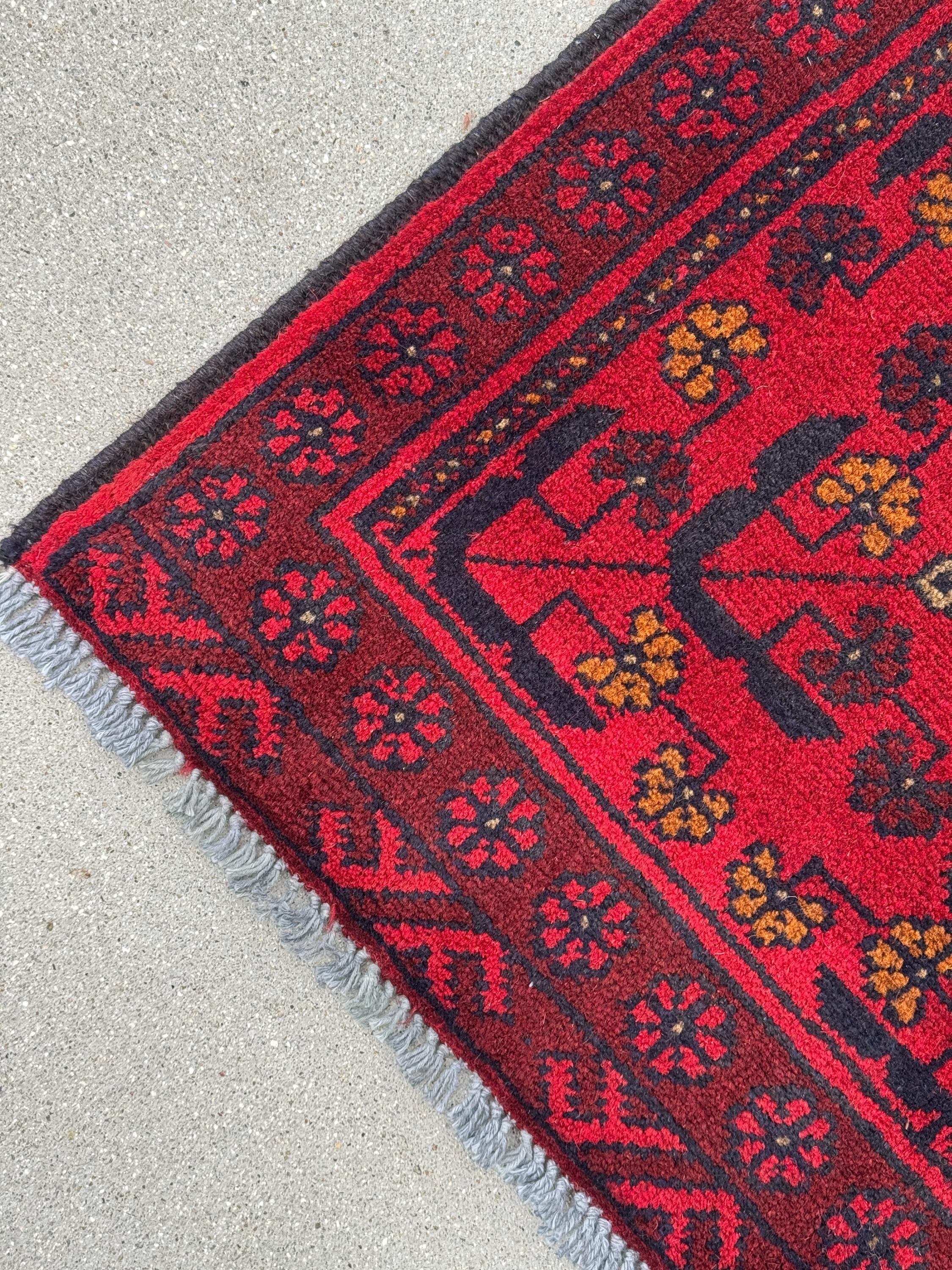 2-3x4 (91x121) Handmade Afghan Rug | Crimson Scarlet Blood Red Midnight Blue Black Cream Orange | Wool Khal Mohammadi Traditional
