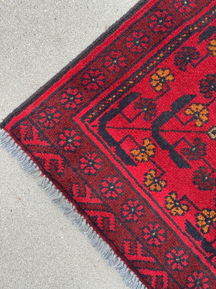2-3x4 (91x121) Handmade Afghan Rug | Crimson Scarlet Blood Red Midnight Blue Black Cream Orange | Wool Khal Mohammadi Traditional