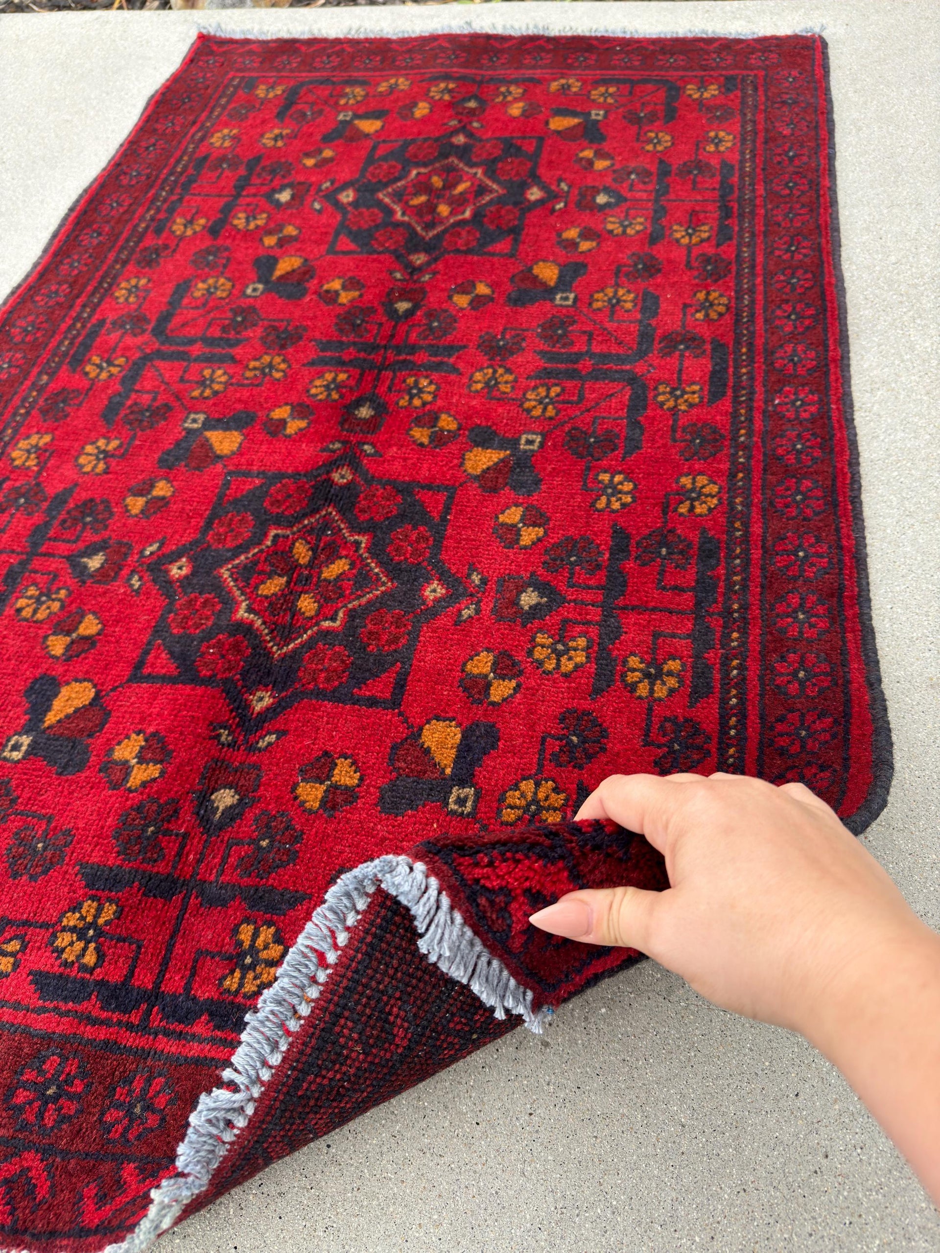 2-3x4 (91x121) Handmade Afghan Rug | Crimson Scarlet Blood Red Midnight Blue Black Cream Orange | Wool Khal Mohammadi Traditional