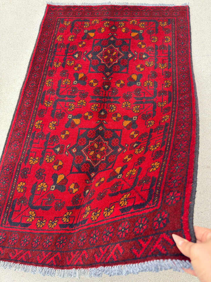 2-3x4 (91x121) Handmade Afghan Rug | Crimson Scarlet Blood Red Midnight Blue Black Cream Orange | Wool Khal Mohammadi Traditional