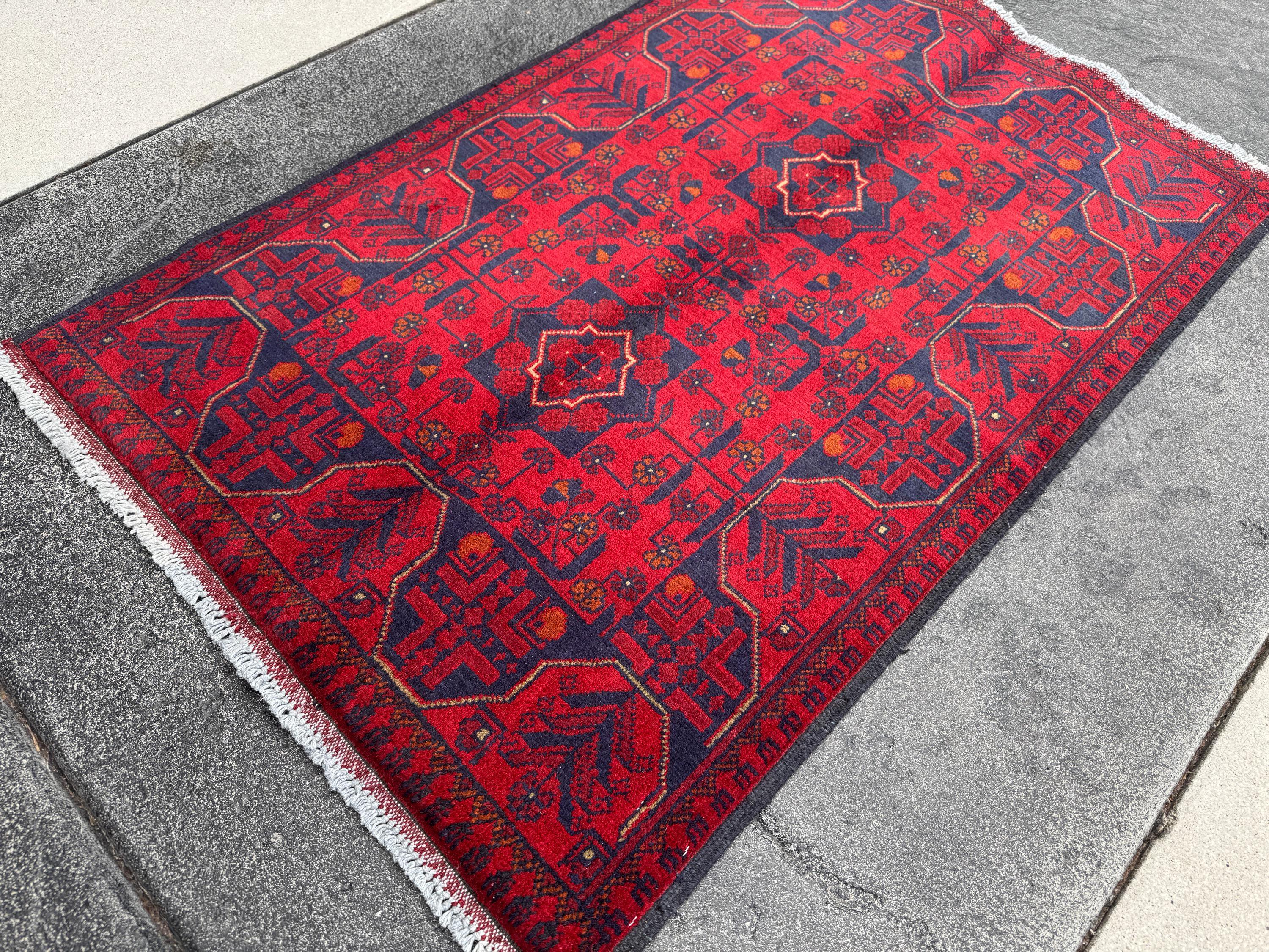 3x4 (91x121) Handmade Afghan Rug | Crimson Scarlet Blood Red Midnight Blue Cream Orange White | Wool Khal Mohammadi Traditional