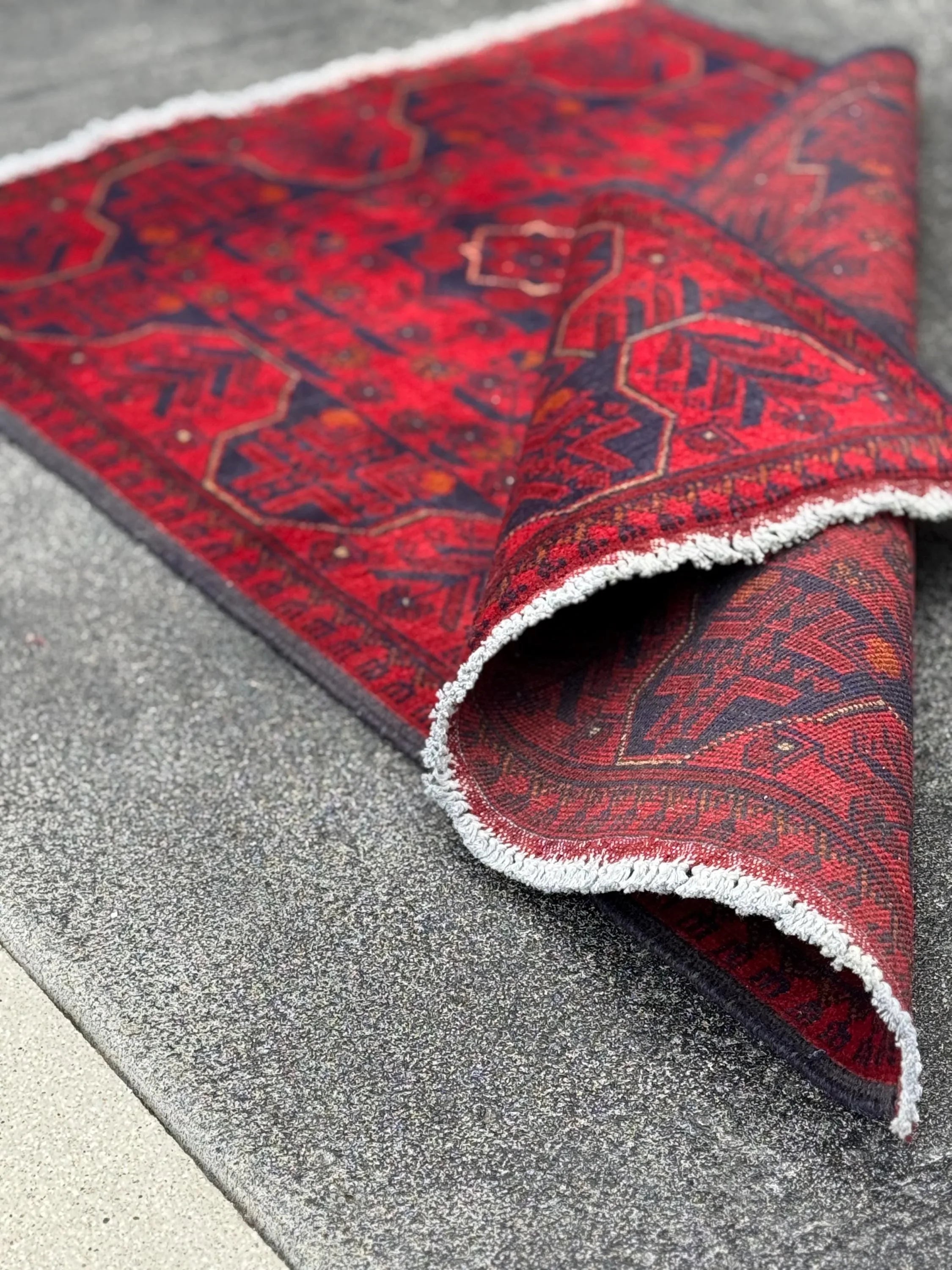 3x4 (91x121) Handmade Afghan Rug | Crimson Scarlet Blood Red Midnight Blue Cream Orange White | Wool Khal Mohammadi Traditional