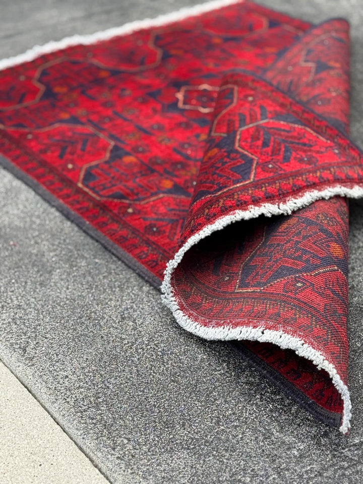 3x4 (91x121) Handmade Afghan Rug | Crimson Scarlet Blood Red Midnight Blue Cream Orange White | Wool Khal Mohammadi Traditional