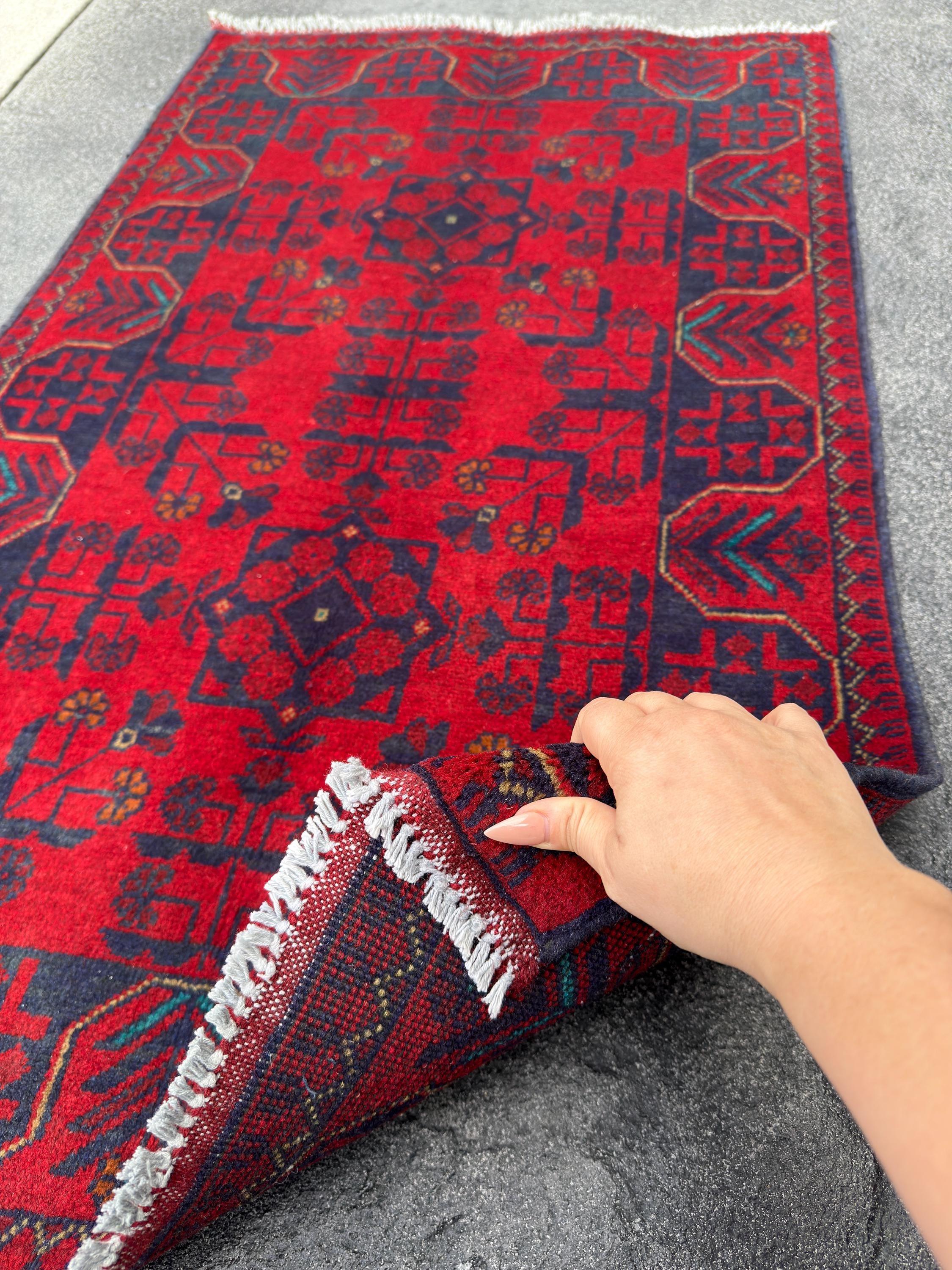 3x4 (91x121) Handmade Afghan Rug | Crimson Scarlet Blood Red Midnight Denim Aqua Blue Orange Cream | Wool Khal Mohammadi Floral
