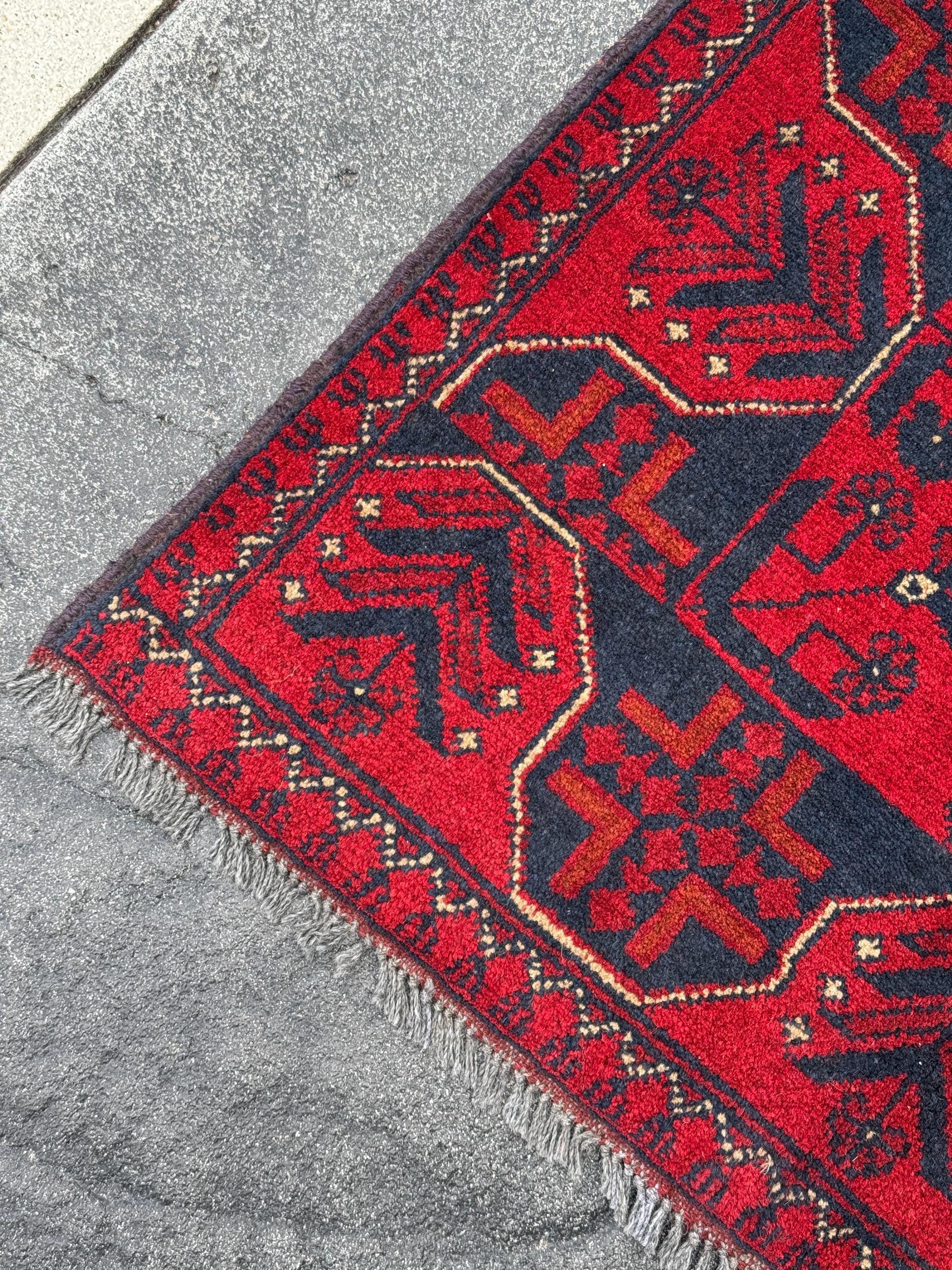 3x4 (91x121) Handmade Afghan Rug | Crimson Scarlet Blood Red Rust Cream White Midnight Blue Black Orange | Wool Khal Mohammadi