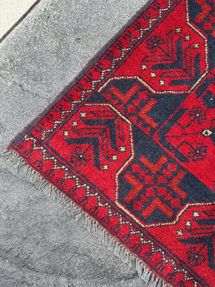 3x4 (91x121) Handmade Afghan Rug | Crimson Scarlet Blood Red Rust Cream White Midnight Blue Black Orange | Wool Khal Mohammadi