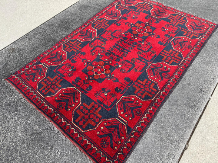 3x4 (91x121) Handmade Afghan Rug | Crimson Scarlet Blood Red Rust Cream White Midnight Blue Black Orange | Wool Khal Mohammadi