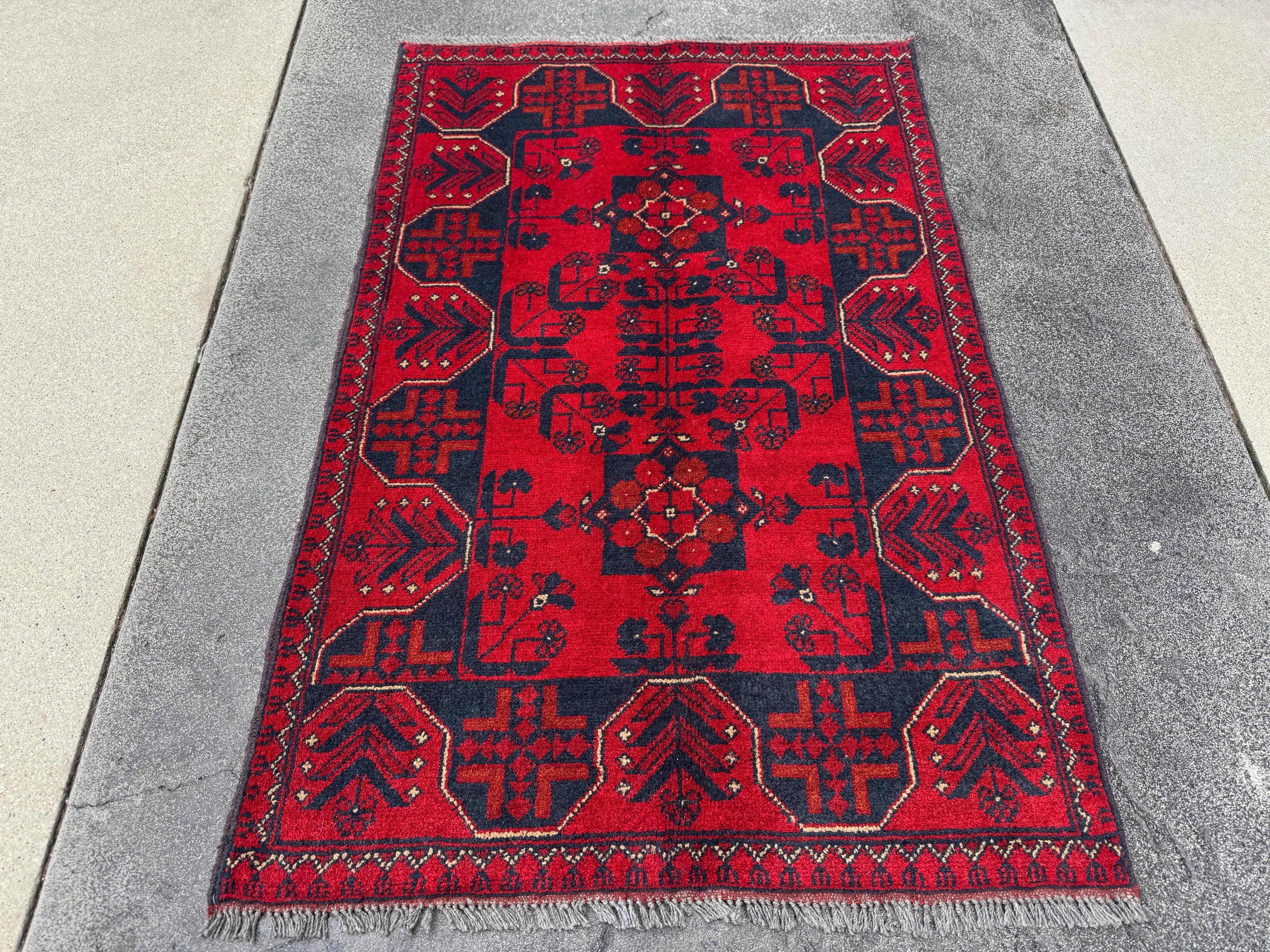3x4 (91x121) Handmade Afghan Rug | Crimson Scarlet Blood Red Rust Cream White Midnight Blue Black Orange | Wool Khal Mohammadi
