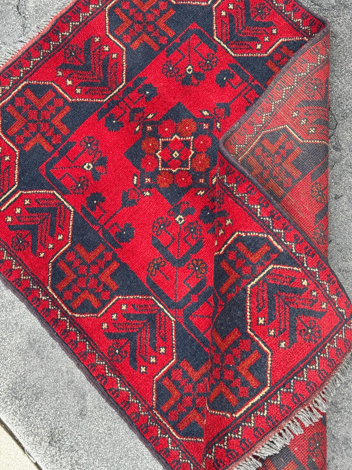 3x4 (91x121) Handmade Afghan Rug | Crimson Scarlet Blood Red Rust Cream White Midnight Blue Black Orange | Wool Khal Mohammadi