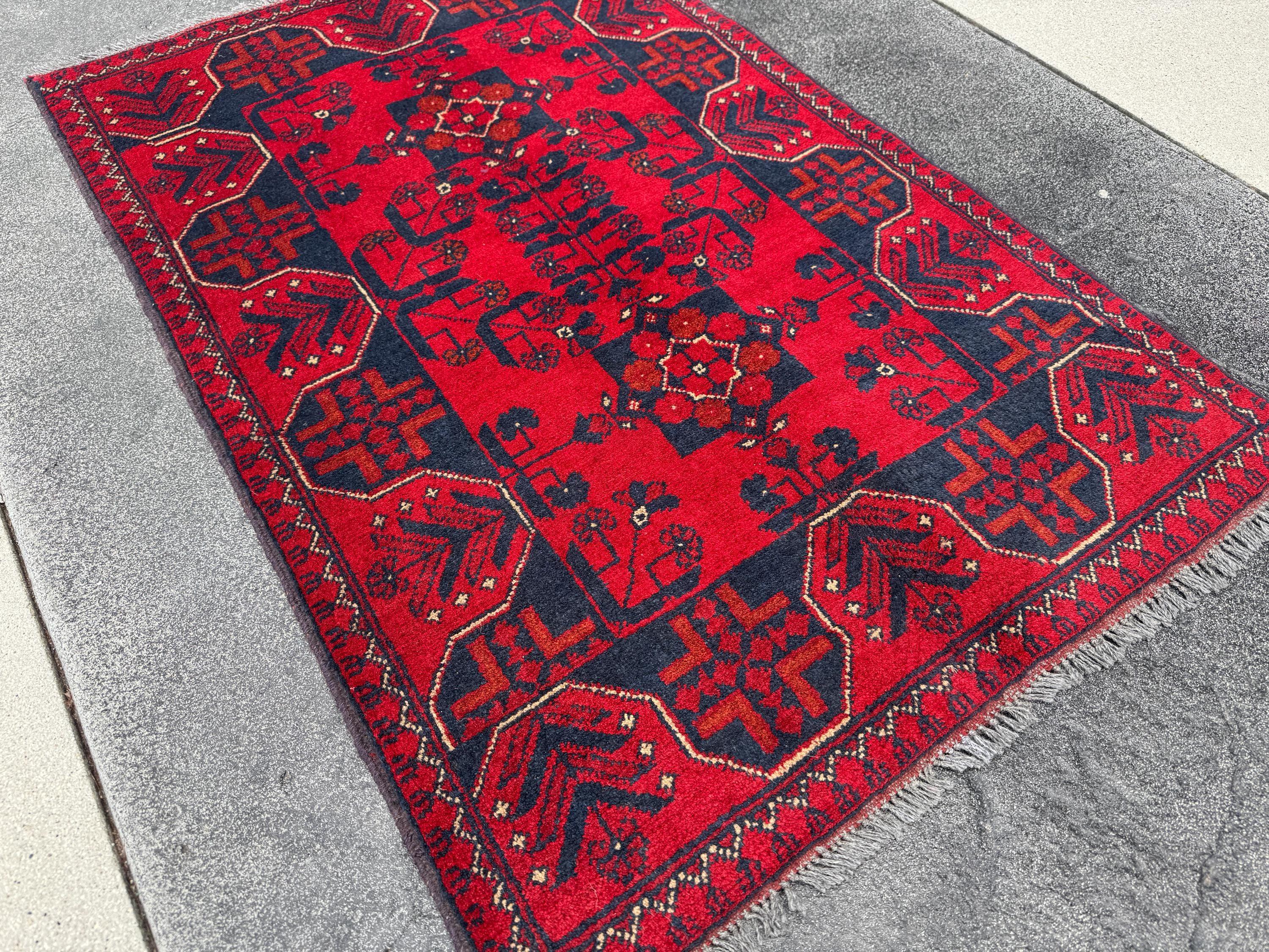 3x4 (91x121) Handmade Afghan Rug | Crimson Scarlet Blood Red Rust Cream White Midnight Blue Black Orange | Wool Khal Mohammadi