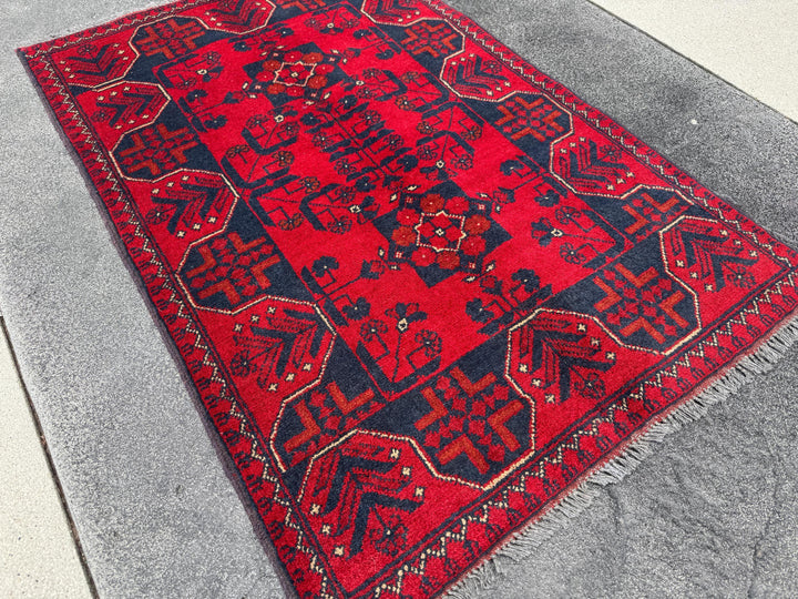 3x4 (91x121) Handmade Afghan Rug | Crimson Scarlet Blood Red Rust Cream White Midnight Blue Black Orange | Wool Khal Mohammadi