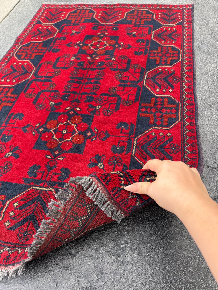 3x4 (91x121) Handmade Afghan Rug | Crimson Scarlet Blood Red Rust Cream White Midnight Blue Black Orange | Wool Khal Mohammadi