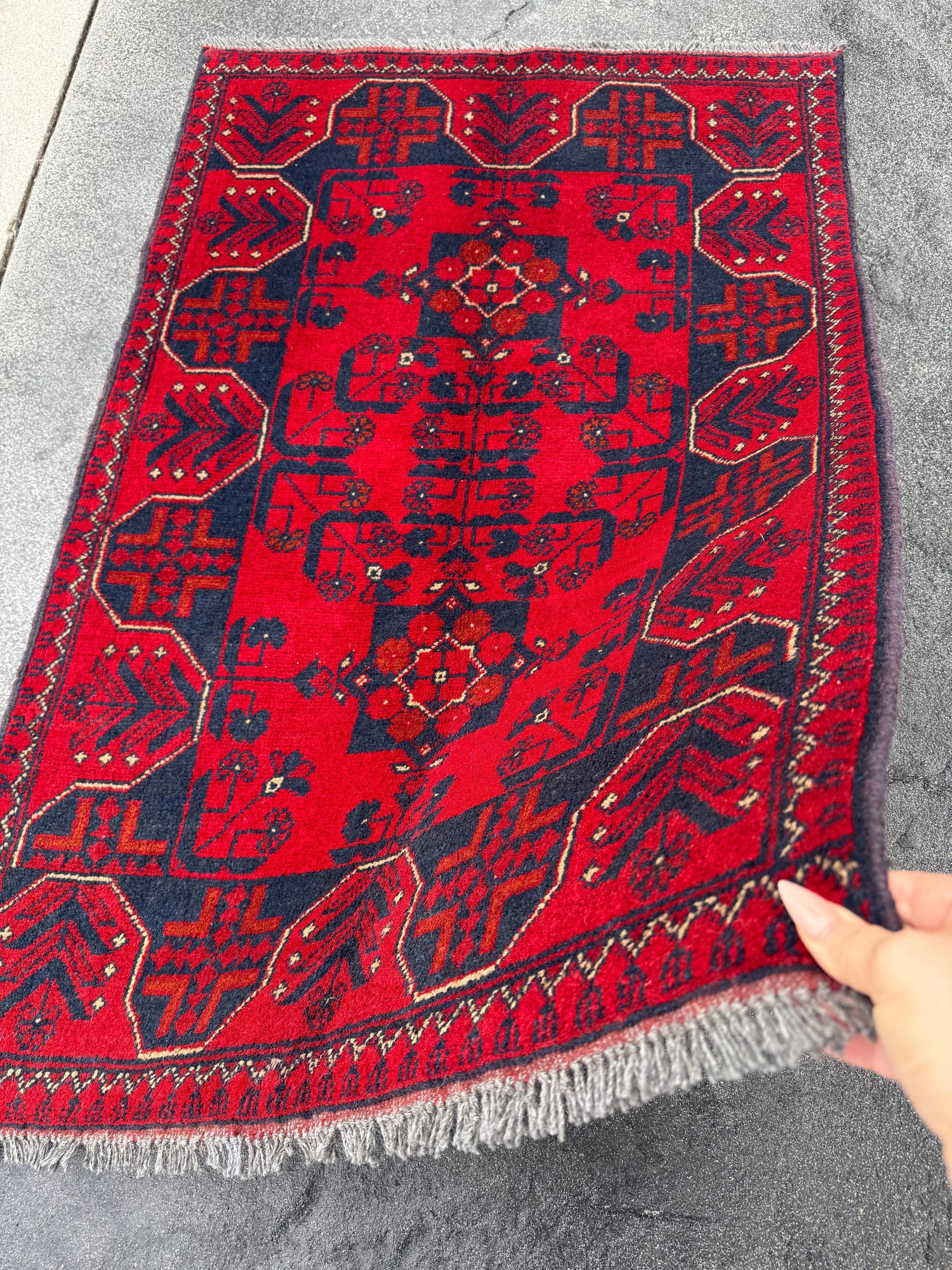 3x4 (91x121) Handmade Afghan Rug | Crimson Scarlet Blood Red Rust Cream White Midnight Blue Black Orange | Wool Khal Mohammadi