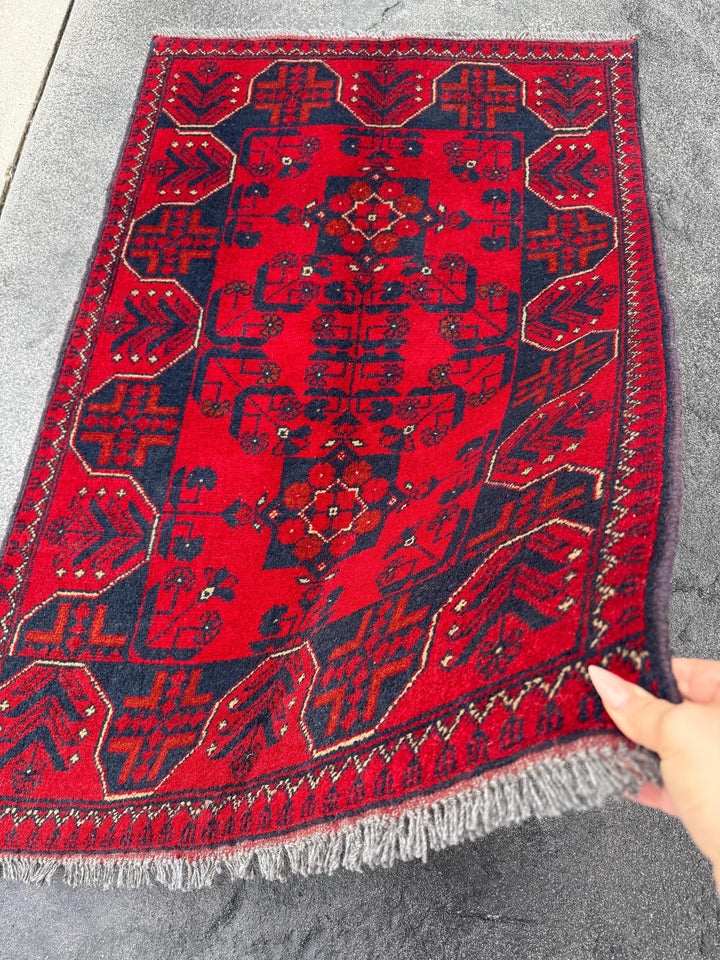 3x4 (91x121) Handmade Afghan Rug | Crimson Scarlet Blood Red Rust Cream White Midnight Blue Black Orange | Wool Khal Mohammadi