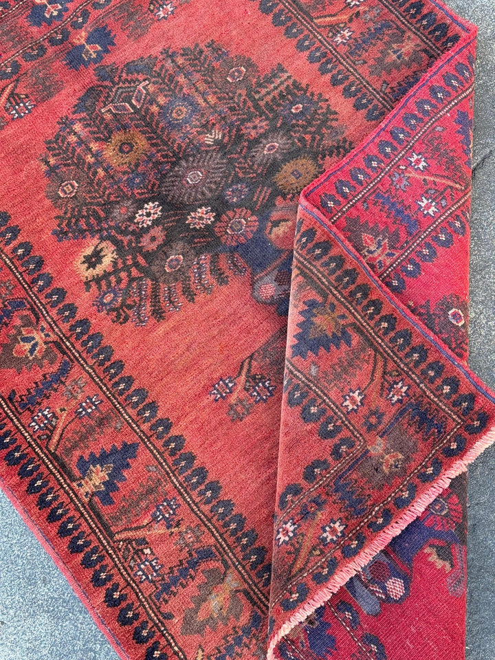 3x4 (91x121) Handmade Afghan Vintage Baluch Rug | Brick Red Black Midnight Navy Blue Caramel Brown Cream Grey Brown Taupe | Wool Traditional