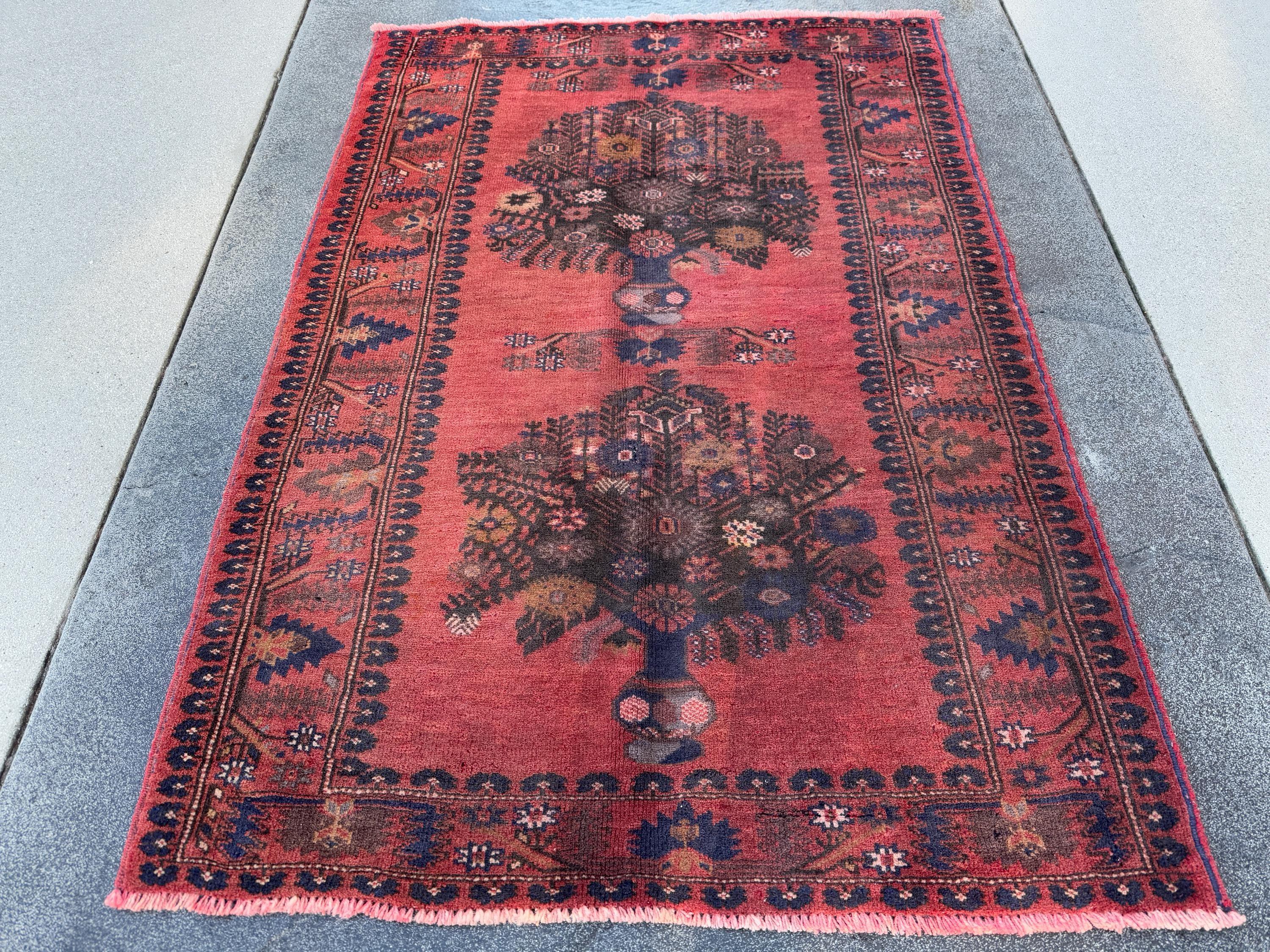 3x4 (91x121) Handmade Afghan Vintage Baluch Rug | Brick Red Black Midnight Navy Blue Caramel Brown Cream Grey Brown Taupe | Wool Traditional