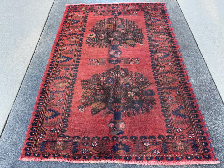 3x4 (91x121) Handmade Afghan Vintage Baluch Rug | Brick Red Black Midnight Navy Blue Caramel Brown Cream Grey Brown Taupe | Wool Traditional