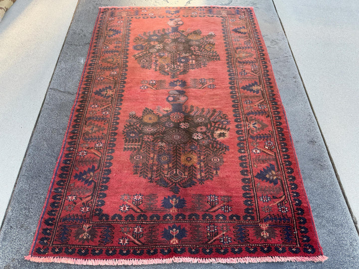 3x4 (91x121) Handmade Afghan Vintage Baluch Rug | Brick Red Black Midnight Navy Blue Caramel Brown Cream Grey Brown Taupe | Wool Traditional