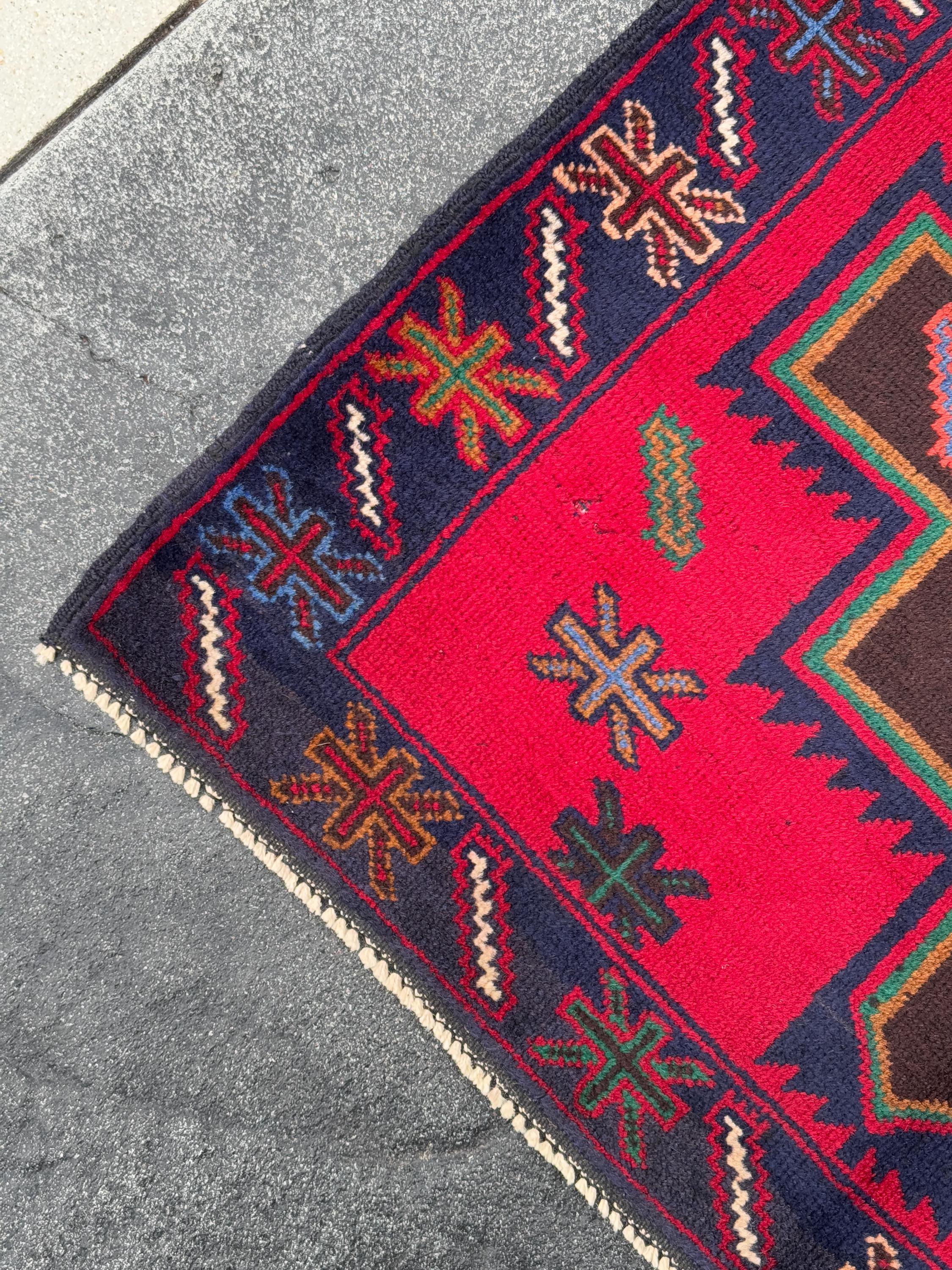 3x4 (91x121) Handmade Afghan Vintage Baluch Rug Scarlet Crimson Red Chocolate Caramel Brown Forest Green Mustard White Cream Navy Denim Blue