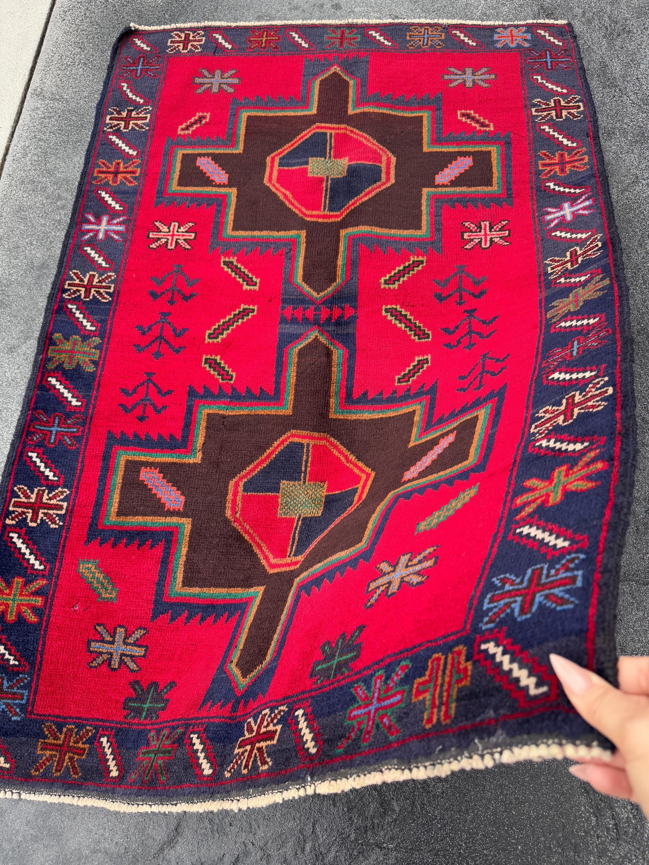 3x4 (91x121) Handmade Afghan Vintage Baluch Rug Scarlet Crimson Red Chocolate Caramel Brown Forest Green Mustard White Cream Navy Denim Blue