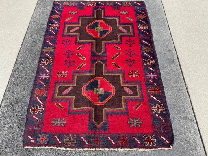 3x4 (91x121) Handmade Afghan Vintage Baluch Rug Scarlet Crimson Red Chocolate Caramel Brown Forest Green Mustard White Cream Navy Denim Blue