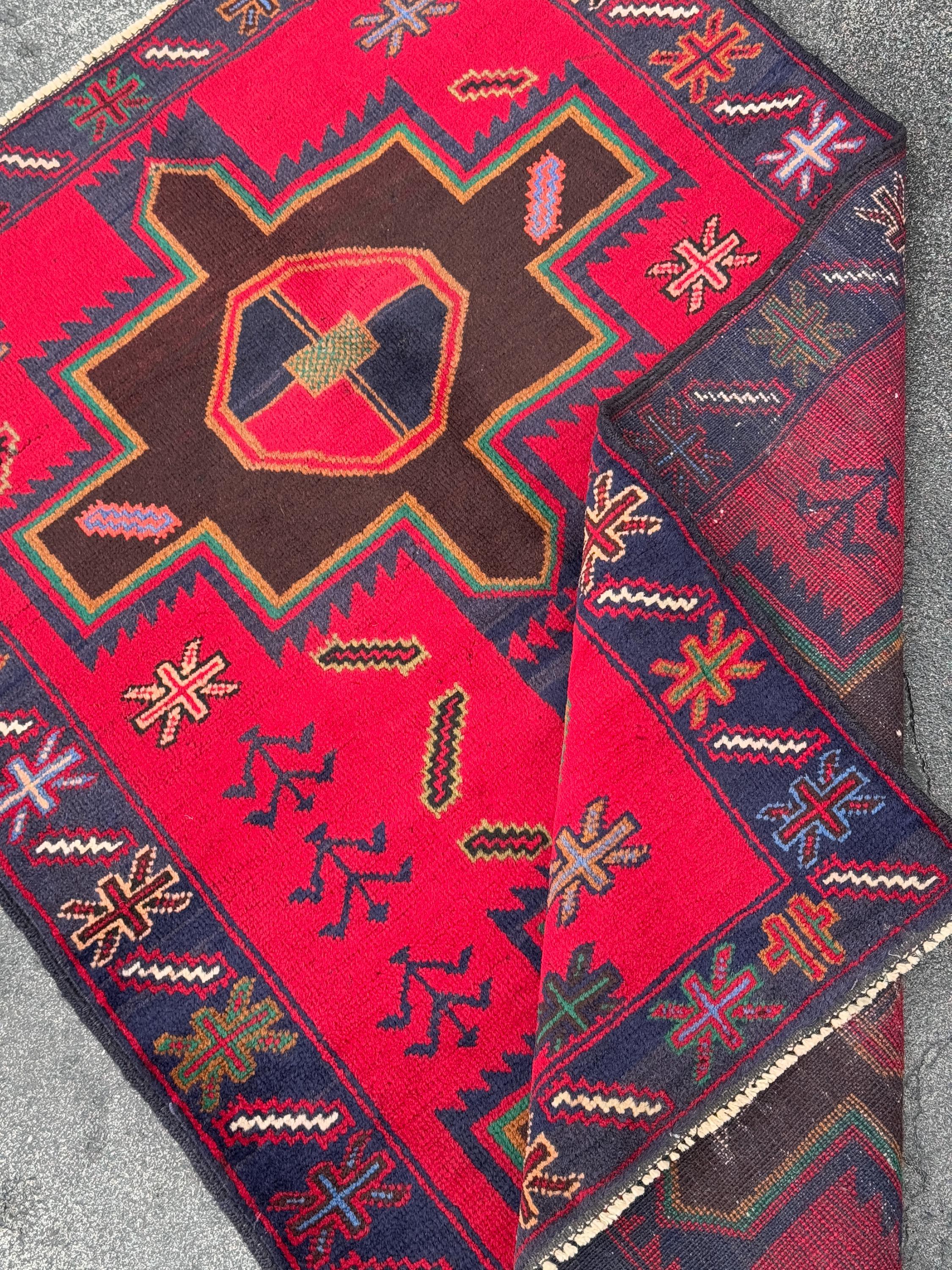 3x4 (91x121) Handmade Afghan Vintage Baluch Rug Scarlet Crimson Red Chocolate Caramel Brown Forest Green Mustard White Cream Navy Denim Blue