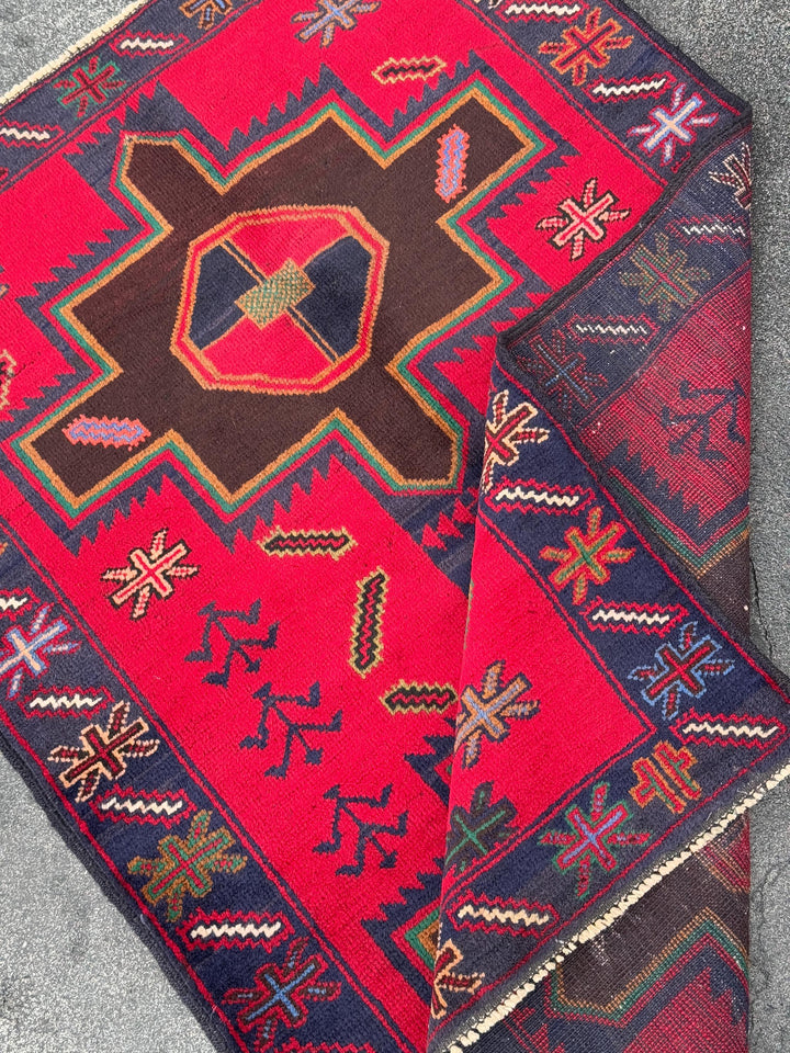 3x4 (91x121) Handmade Afghan Vintage Baluch Rug Scarlet Crimson Red Chocolate Caramel Brown Forest Green Mustard White Cream Navy Denim Blue