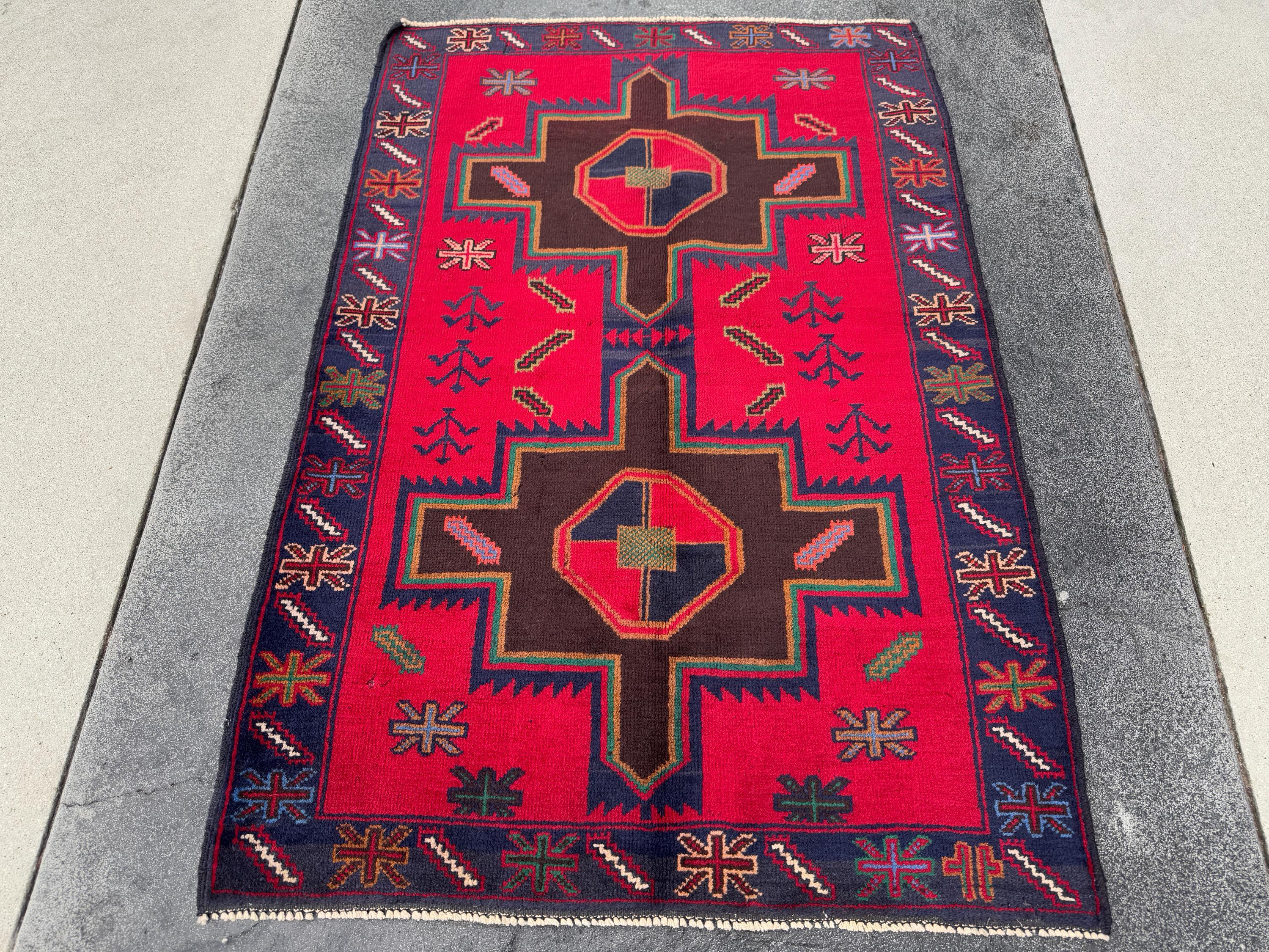 3x4 (91x121) Handmade Afghan Vintage Baluch Rug Scarlet Crimson Red Chocolate Caramel Brown Forest Green Mustard White Cream Navy Denim Blue