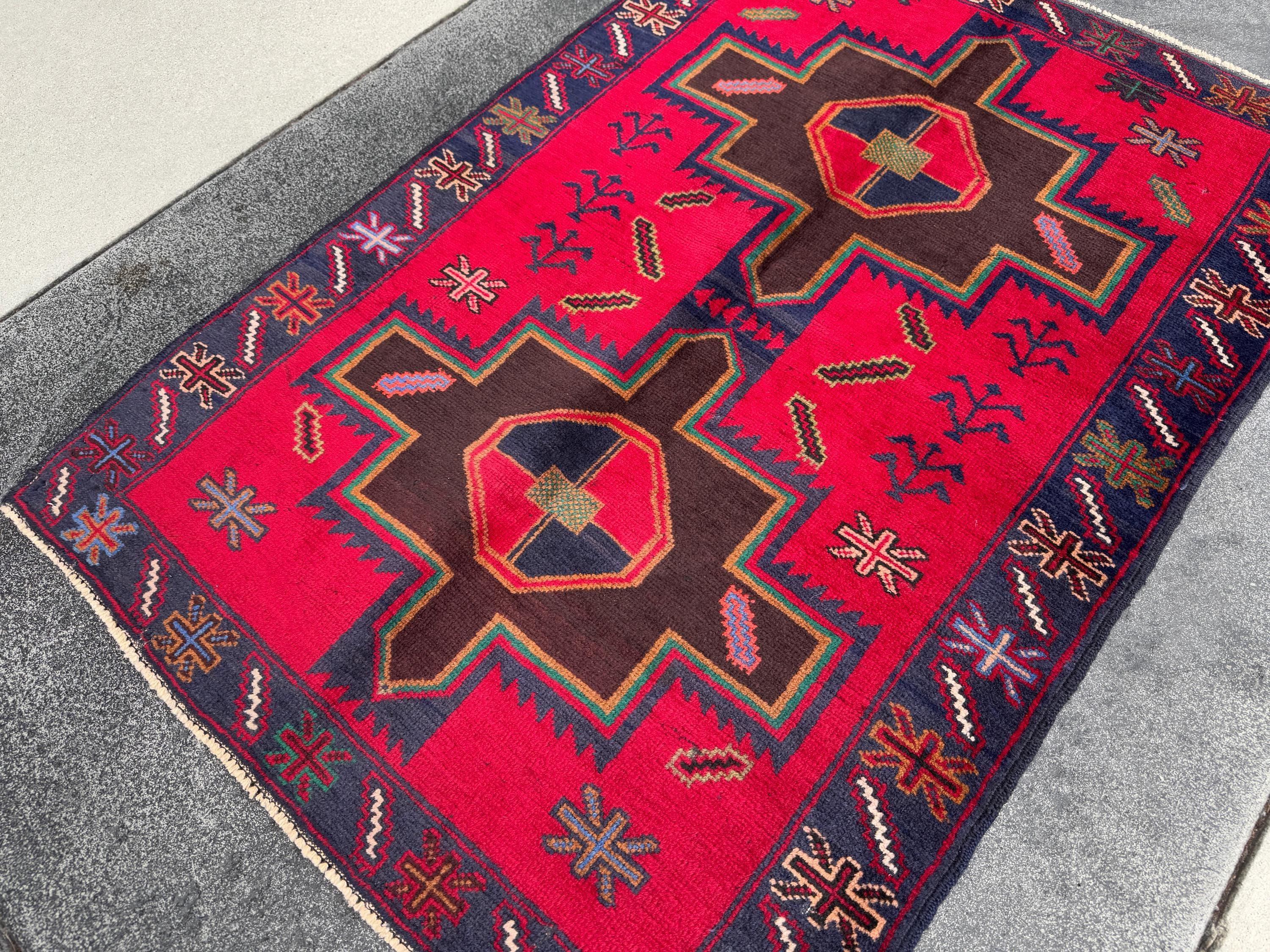 3x4 (91x121) Handmade Afghan Vintage Baluch Rug Scarlet Crimson Red Chocolate Caramel Brown Forest Green Mustard White Cream Navy Denim Blue