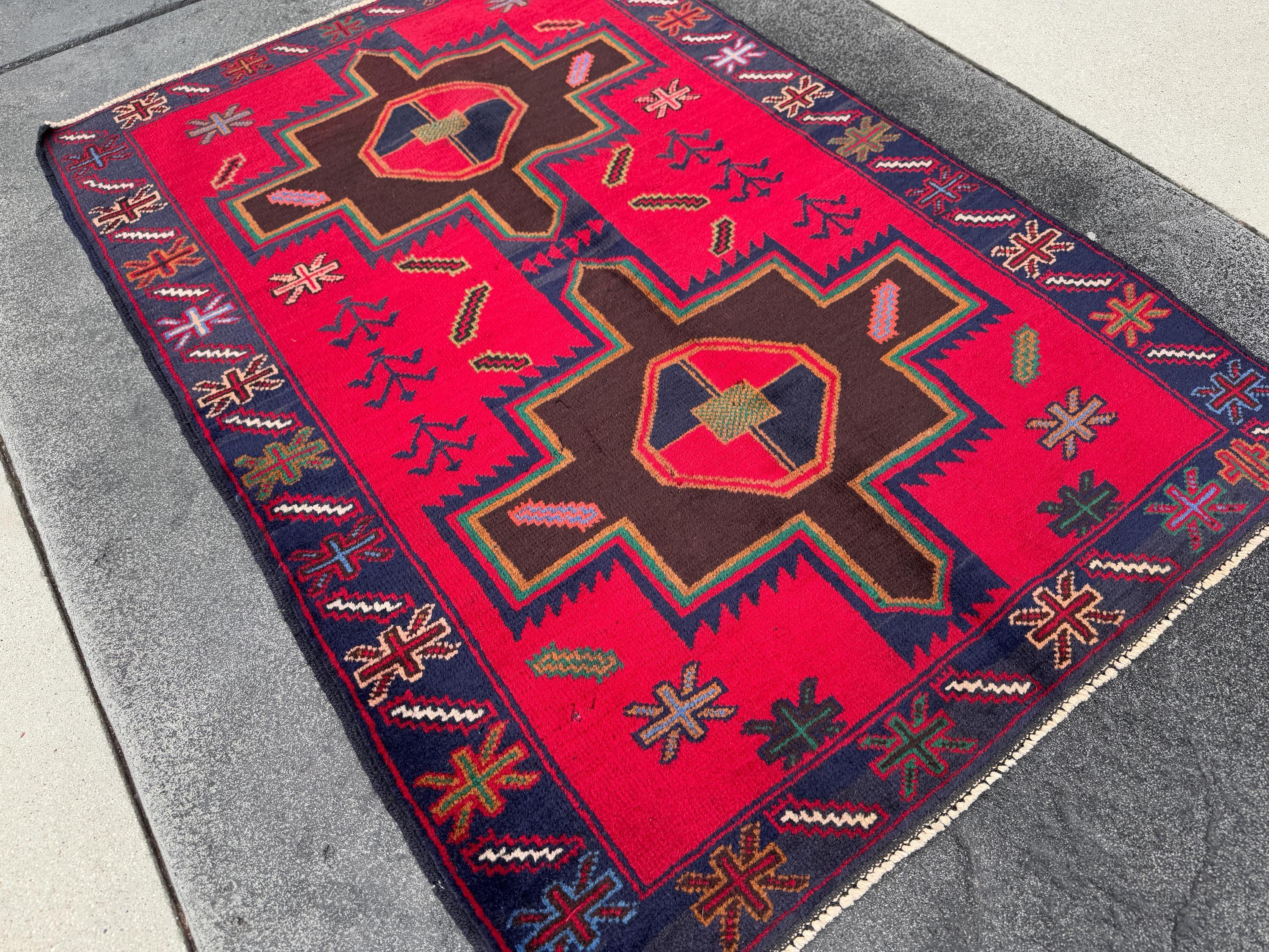 3x4 (91x121) Handmade Afghan Vintage Baluch Rug Scarlet Crimson Red Chocolate Caramel Brown Forest Green Mustard White Cream Navy Denim Blue