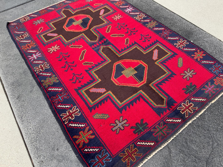 3x4 (91x121) Handmade Afghan Vintage Baluch Rug Scarlet Crimson Red Chocolate Caramel Brown Forest Green Mustard White Cream Navy Denim Blue