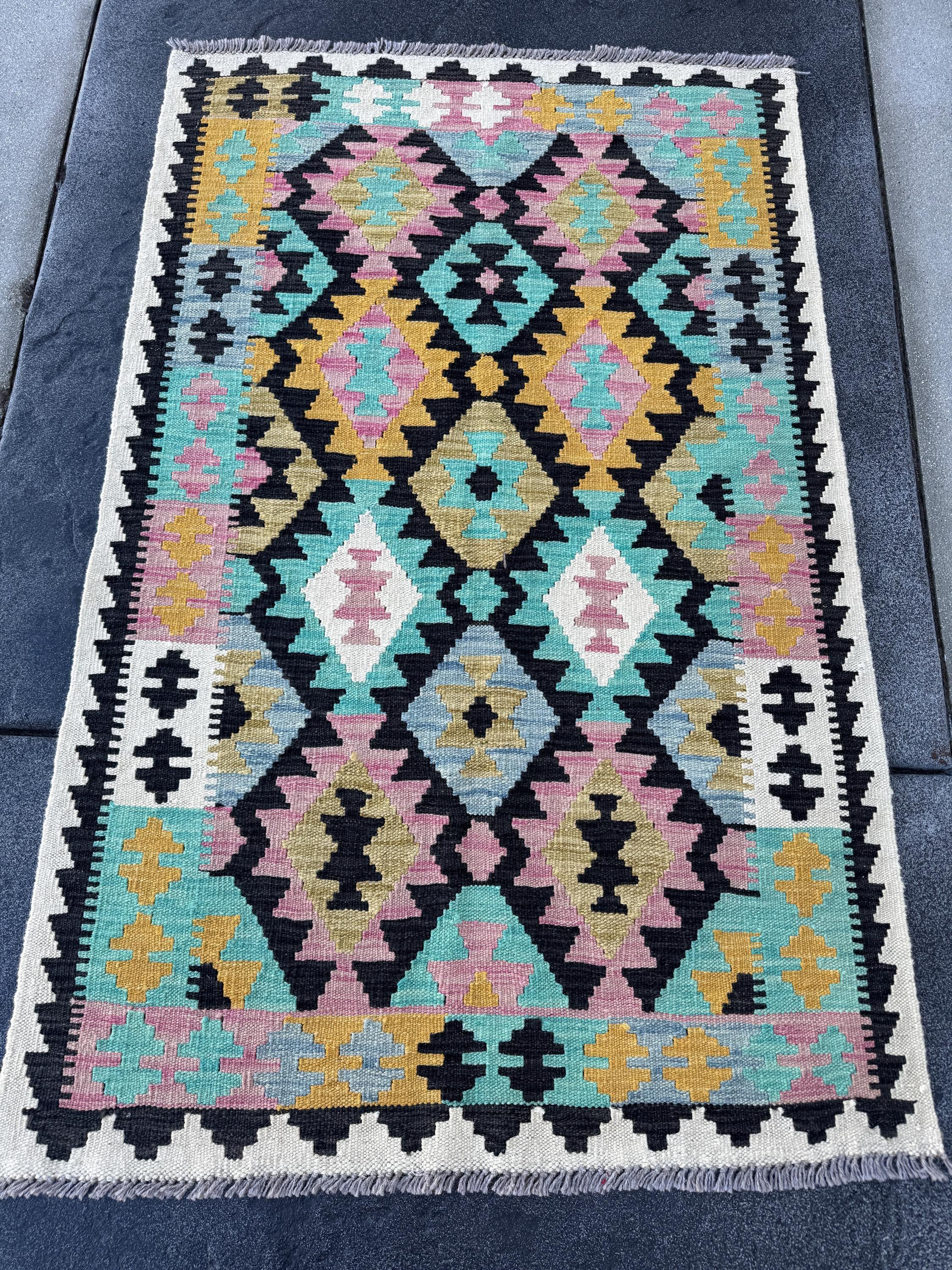 3x5 (91x152) Handmade Afghan Kilim Rug | Cream Black Baby Blush Pink Teal Aqua Denim Blue Mustard Saffron Yellow Beige Tan | Wool Geometric