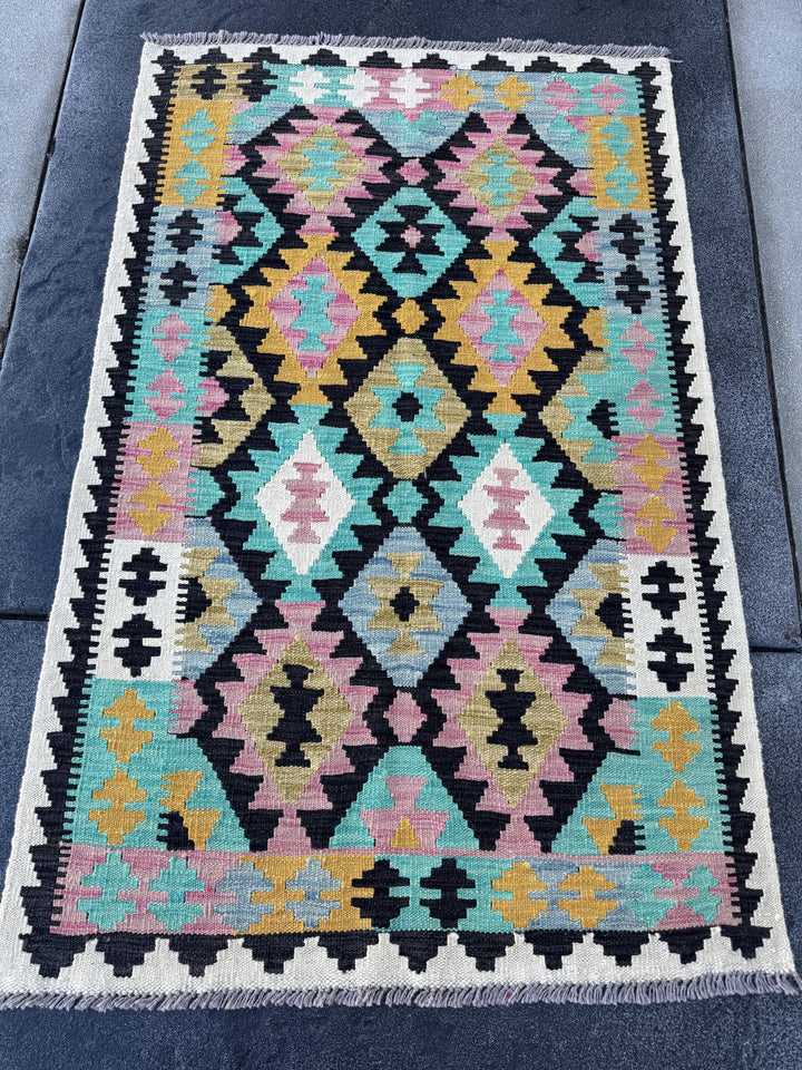 3x5 (91x152) Handmade Afghan Kilim Rug | Cream Black Baby Blush Pink Teal Aqua Denim Blue Mustard Saffron Yellow Beige Tan | Wool Geometric