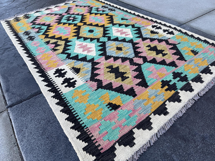 3x5 (91x152) Handmade Afghan Kilim Rug | Cream Black Baby Blush Pink Teal Aqua Denim Blue Mustard Saffron Yellow Beige Tan | Wool Geometric