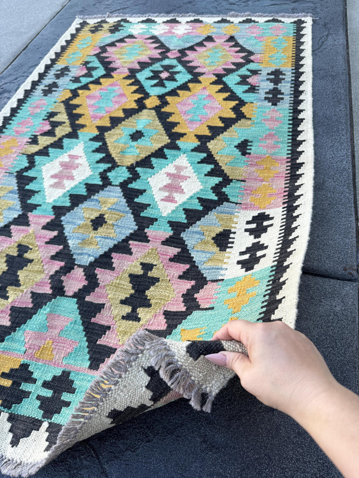 3x5 (91x152) Handmade Afghan Kilim Rug | Cream Black Baby Blush Pink Teal Aqua Denim Blue Mustard Saffron Yellow Beige Tan | Wool Geometric