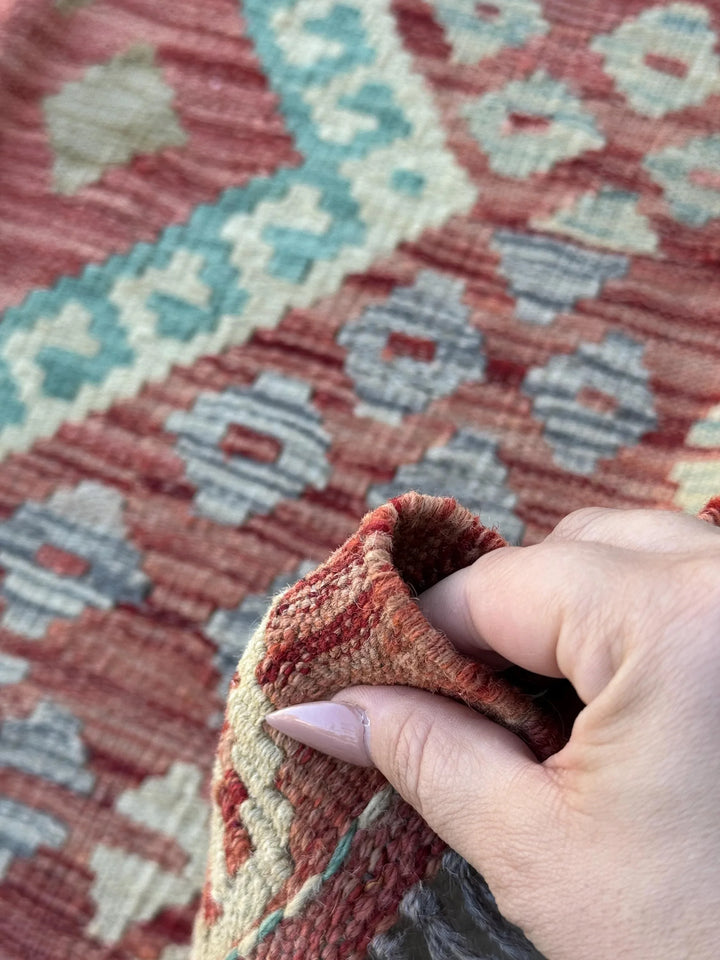 3x5 (91x152) Handmade Afghan Kilim Rug | Brick Red Teal Aqua Denim Blue Beige Tan Sage Mint Green Cream Purple | Wool Geometric Flatweave