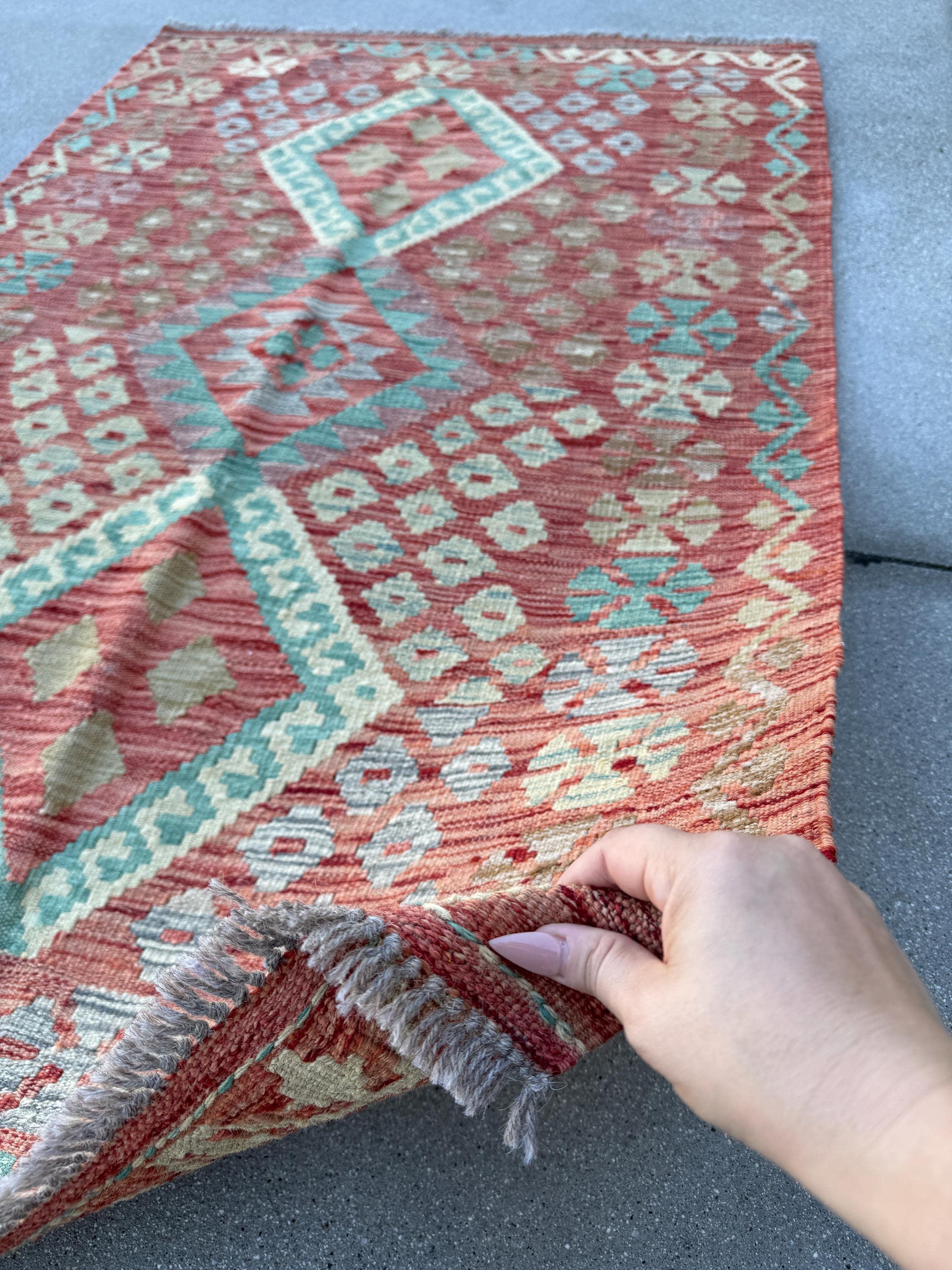 3x5 (91x152) Handmade Afghan Kilim Rug | Brick Red Teal Aqua Denim Blue Beige Tan Sage Mint Green Cream Purple | Wool Geometric Flatweave