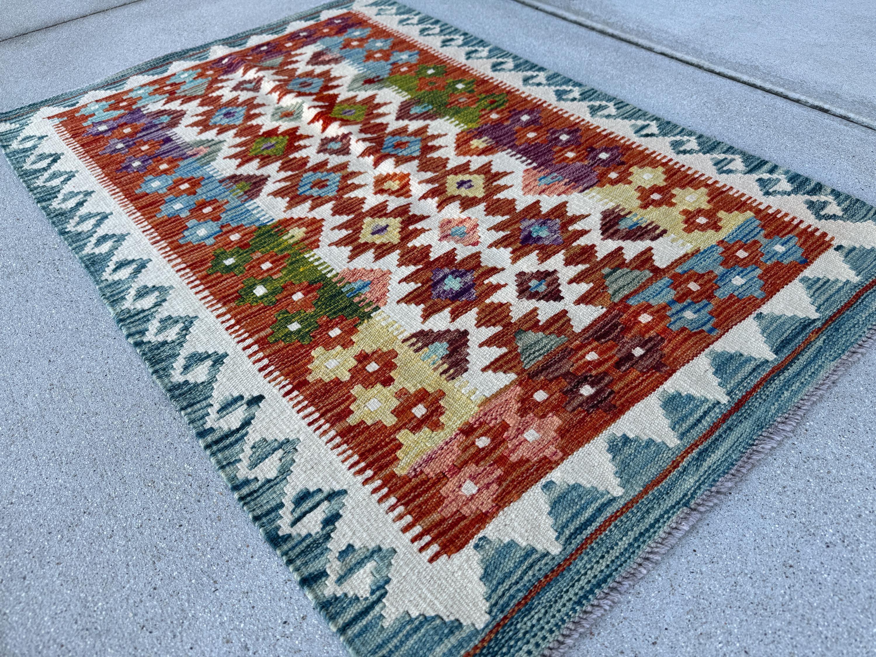 3x4 (91x121) Handmade Afghan Kilim Rug | Cream Orange Forest Green Burgundy Maroon Brick Red Purple Yellow Denim Aqua Prussian Blue Pink