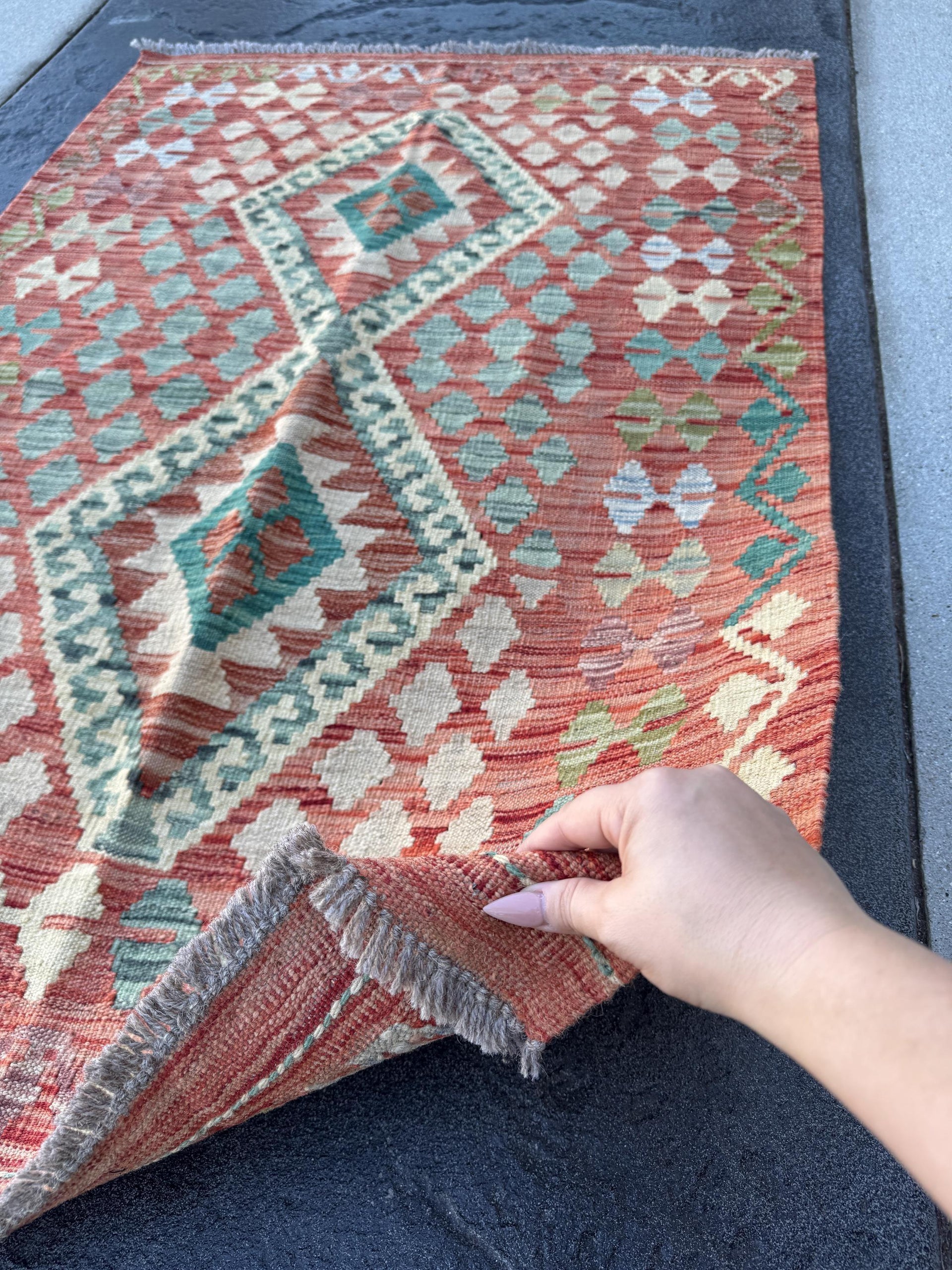 3x5 (91x152) Handmade Afghan Kilim Rug | Brick Red Teal Aqua Denim Blue Beige Tan Sage Mint Green Cream Purple | Wool Geometric Flatweave