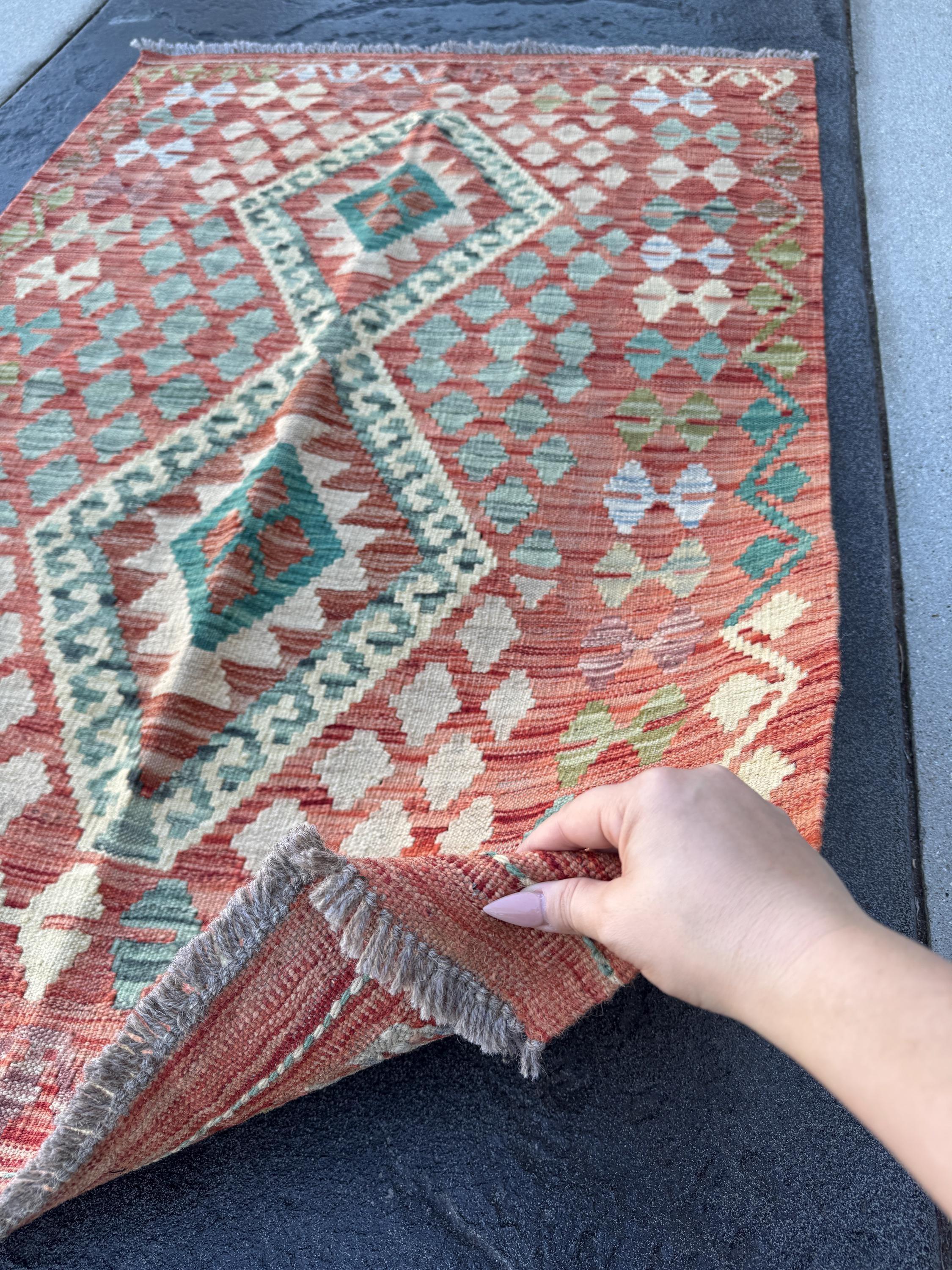 3x5 (91x152) Handmade Afghan Kilim Rug | Brick Red Teal Aqua Denim Blue Beige Tan Sage Mint Green Cream Purple | Wool Geometric Flatweave