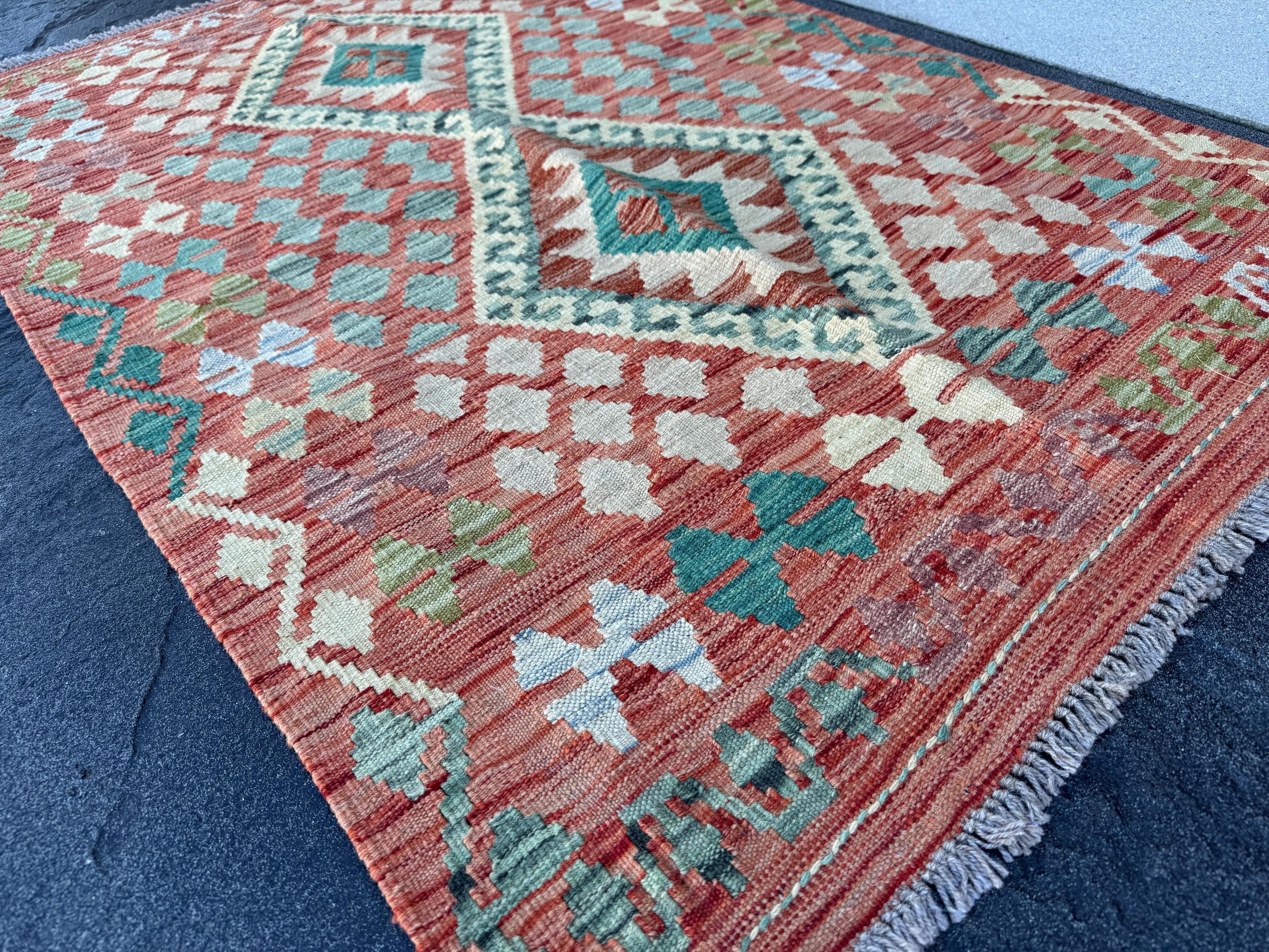 3x5 (91x152) Handmade Afghan Kilim Rug | Brick Red Teal Aqua Denim Blue Beige Tan Sage Mint Green Cream Purple | Wool Geometric Flatweave