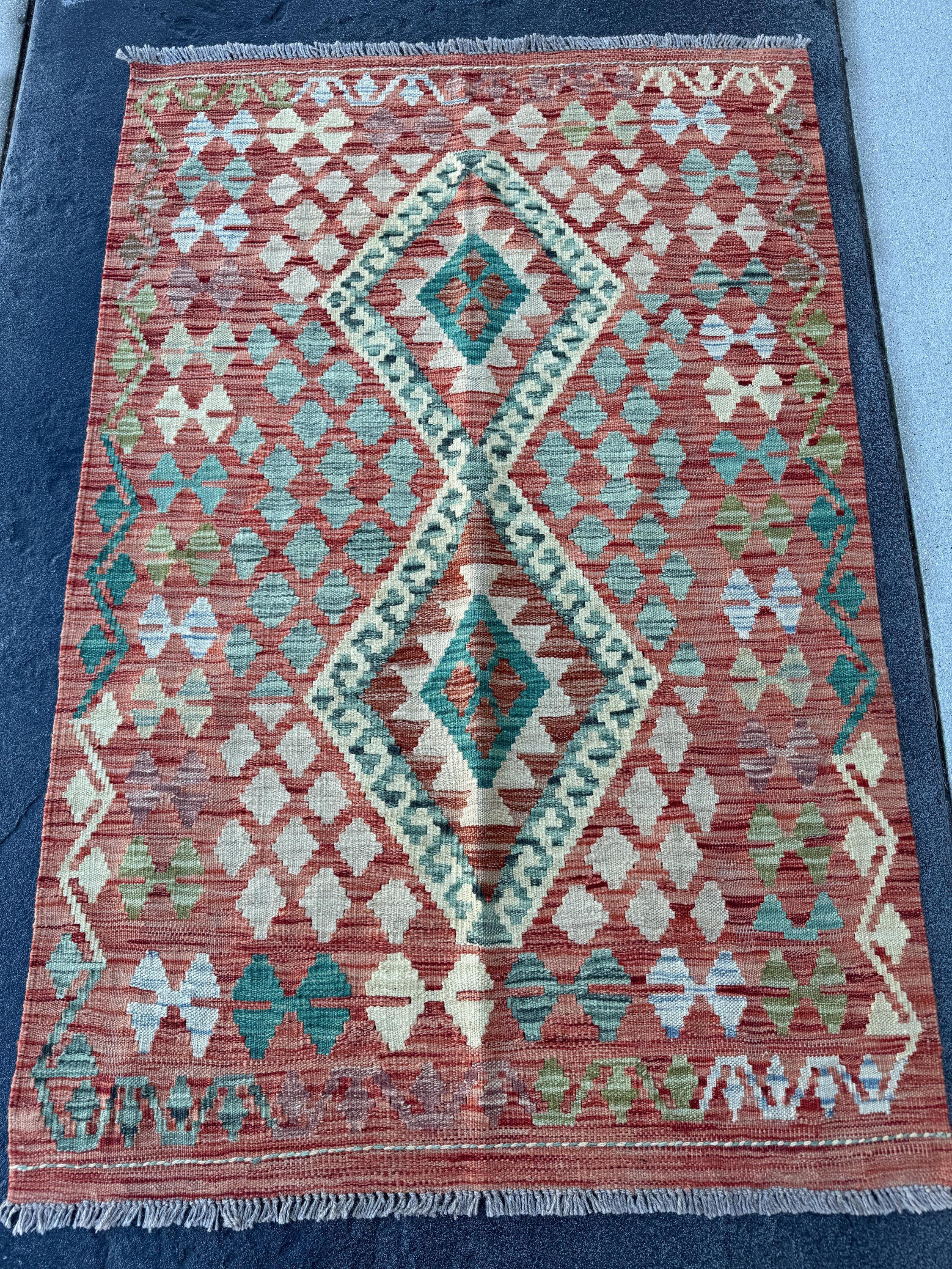 3x5 (91x152) Handmade Afghan Kilim Rug | Brick Red Teal Aqua Denim Blue Beige Tan Sage Mint Green Cream Purple | Wool Geometric Flatweave